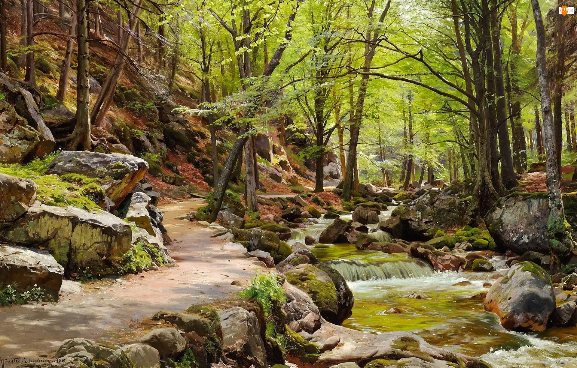 Kamienie, Rzeka, Las, Skarpa, Malarstwo, Obraz, Pejzaż, Peder Mork Monsted, Ścieżka, Drzewa