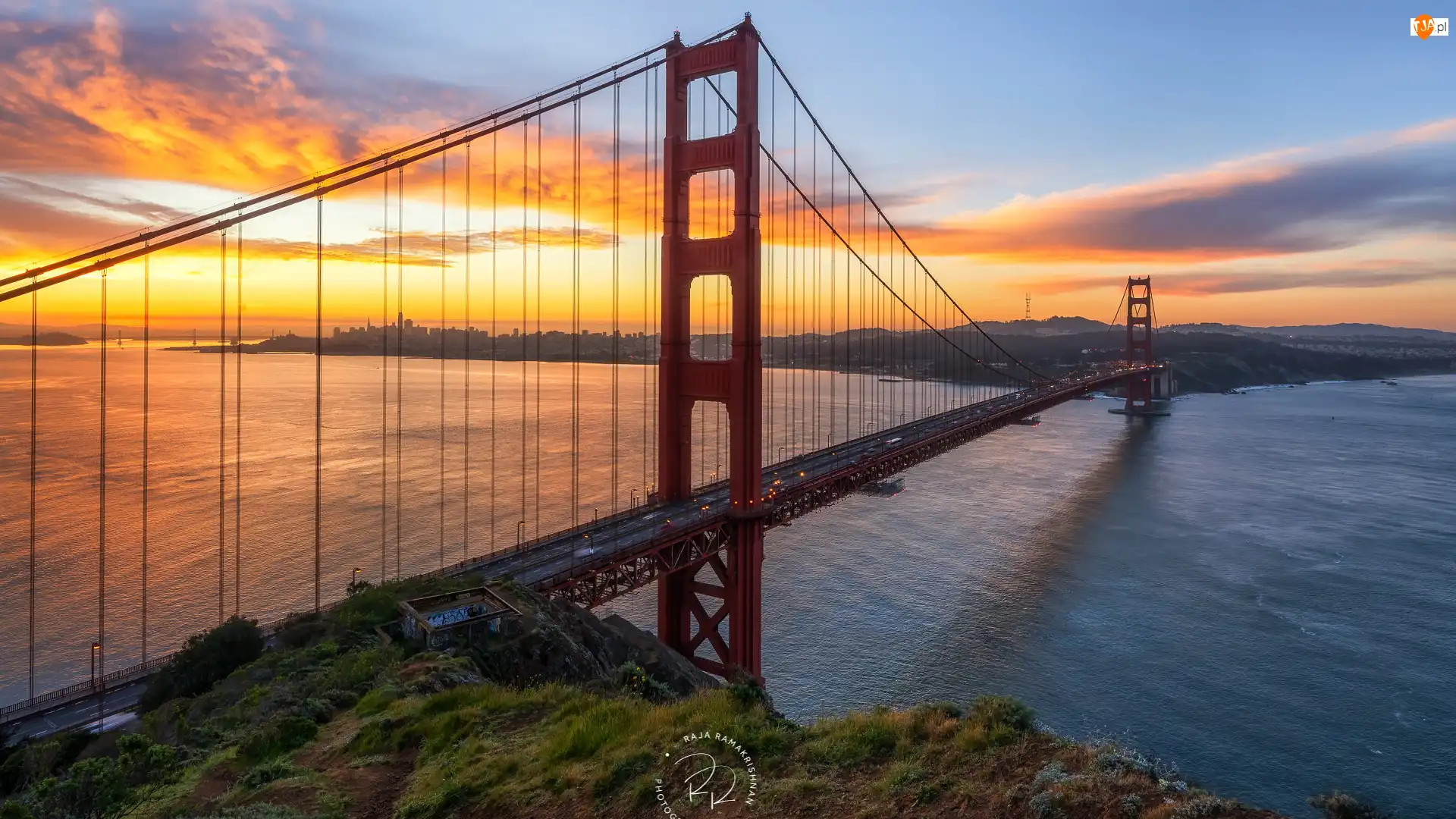 Golden Gate Bridge, Cieśnina Golden Gate, Stany Zjednoczone, Most, Kalifornia, Wschód słońca, San Francisco
