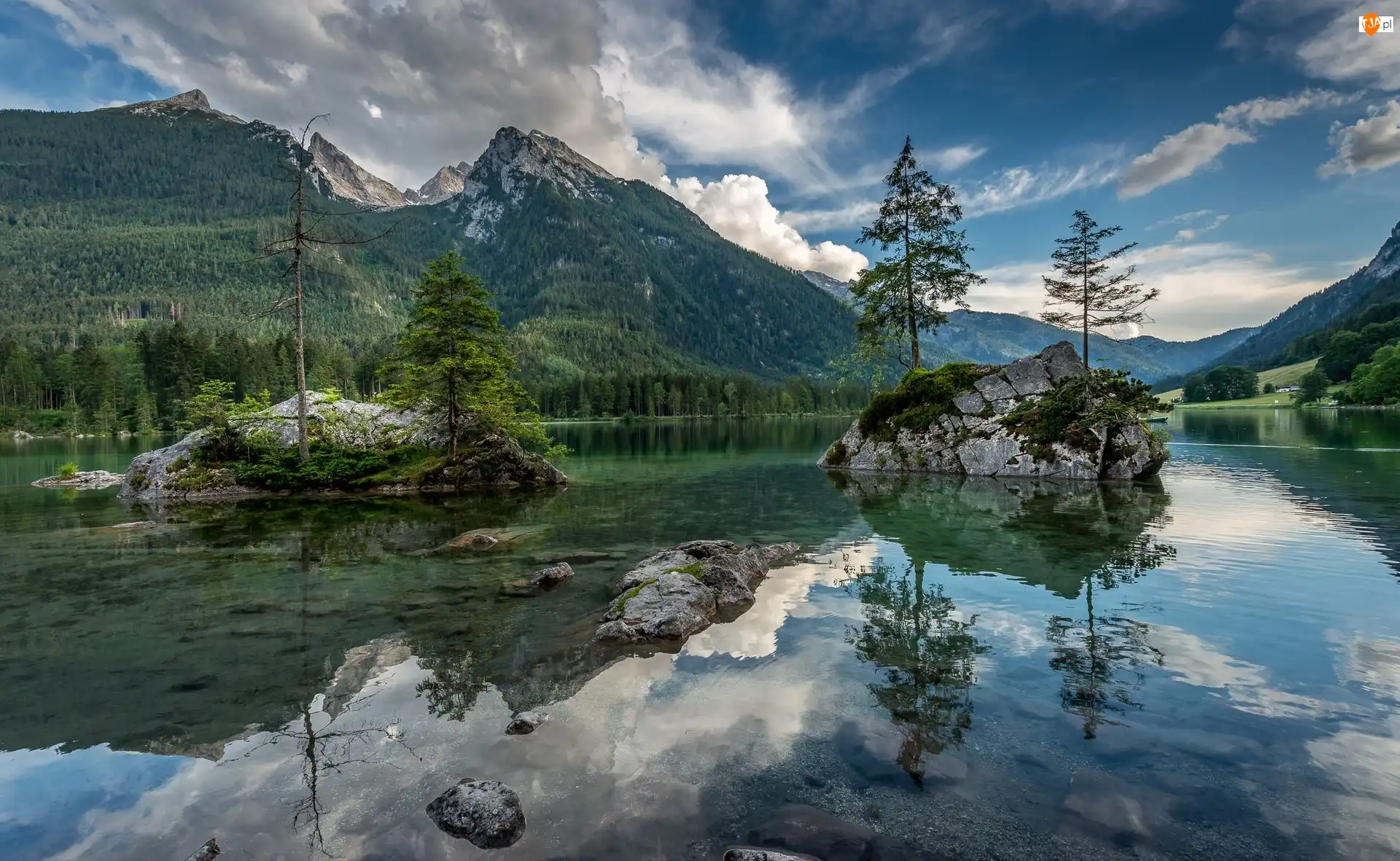 Gmina Berchtesgaden, Góry, Drzewa, Bawaria, Jezioro Hintersee, Chmury, Niemcy, Skały