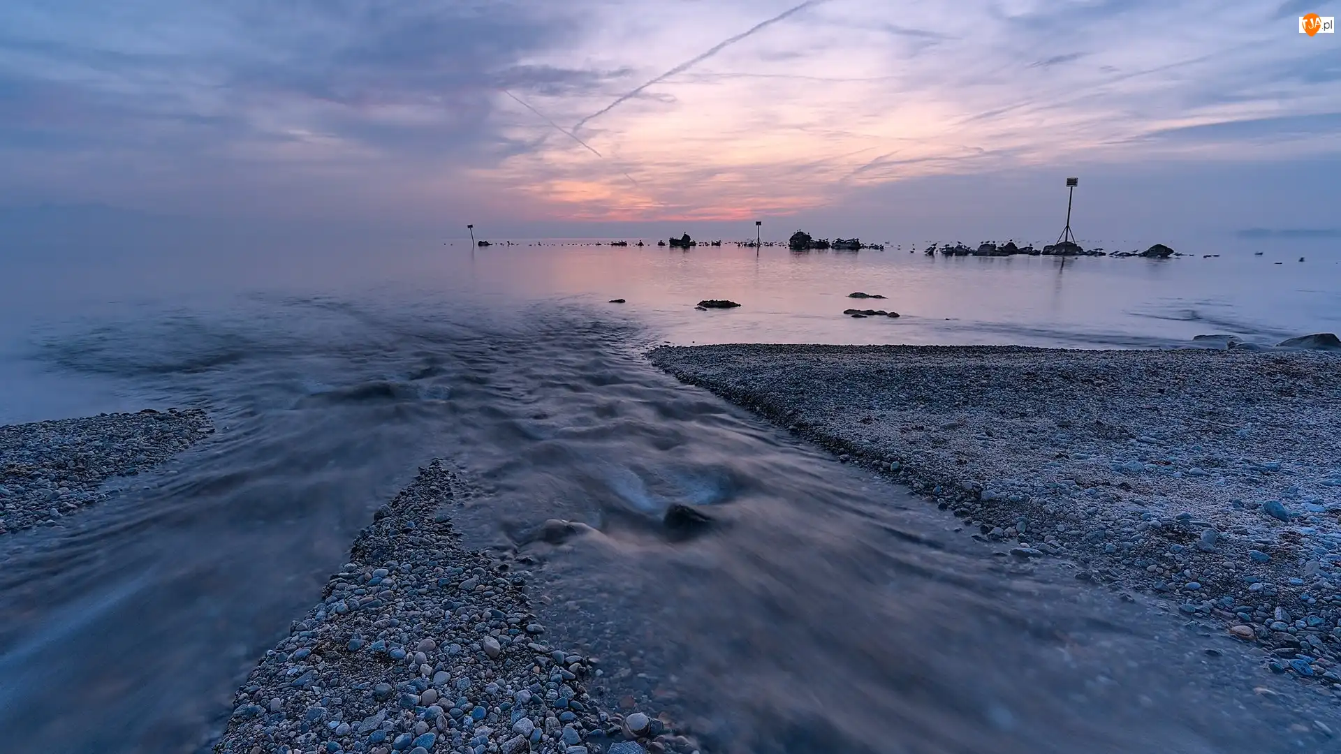 Plaża, Wschód słońca, Morze, Kamienie