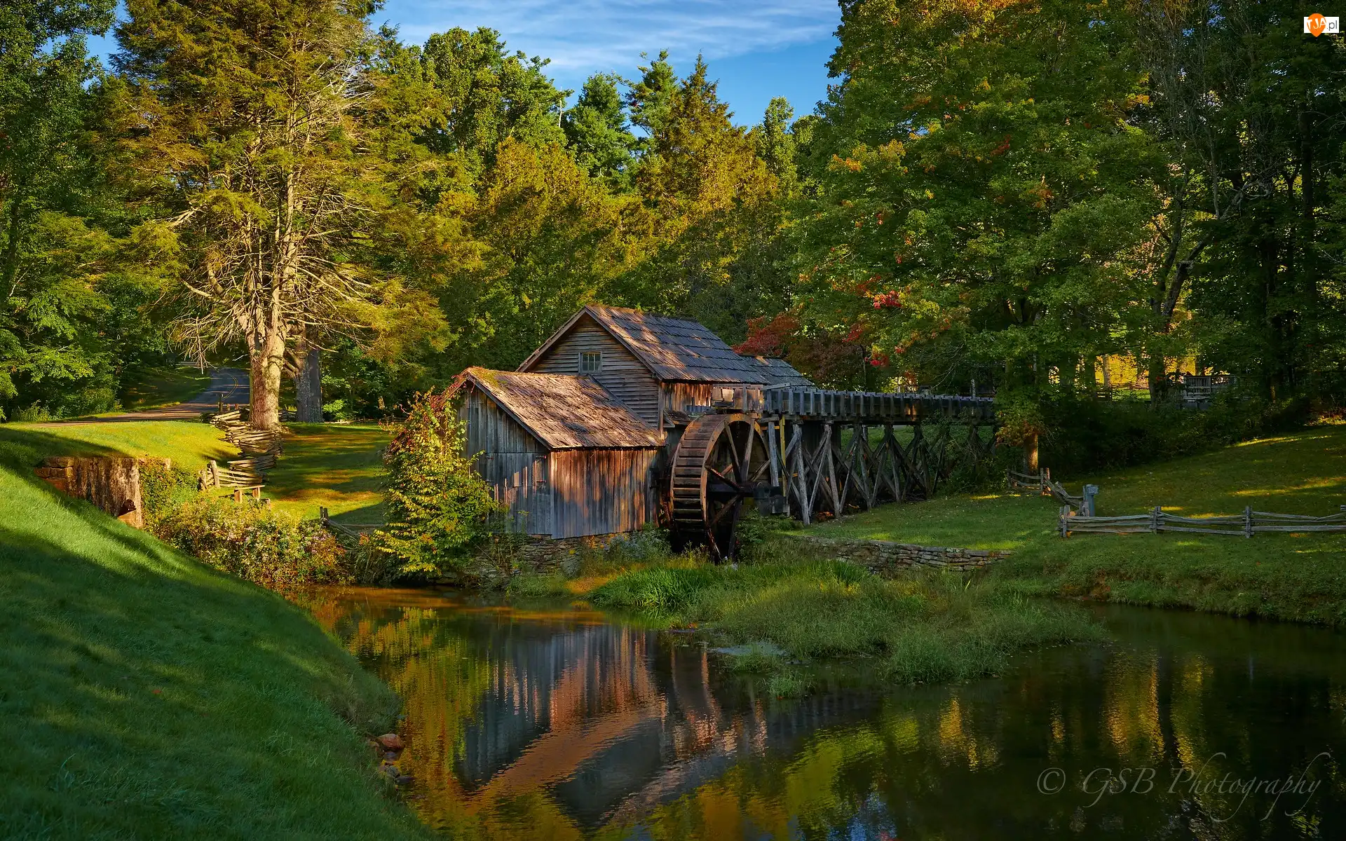 Mabry Mill, Rzeka, Stany Zjednoczone, Młyn wodny, Wirginia, Trawa, Drzewa