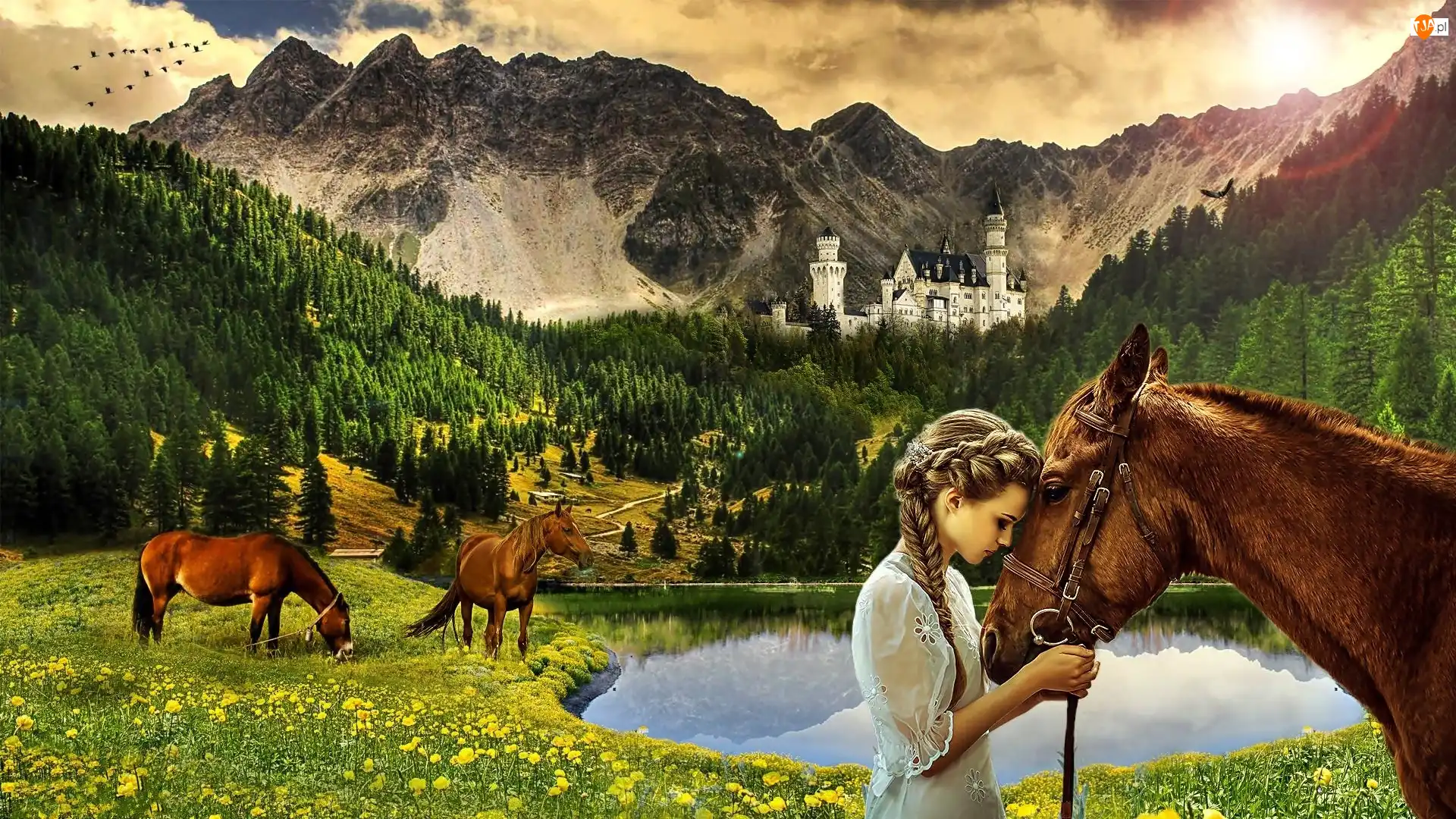 Zamek, Dziewczyna, Jezioro, Lasy, Łąka, Góry, Fantasy, Konie