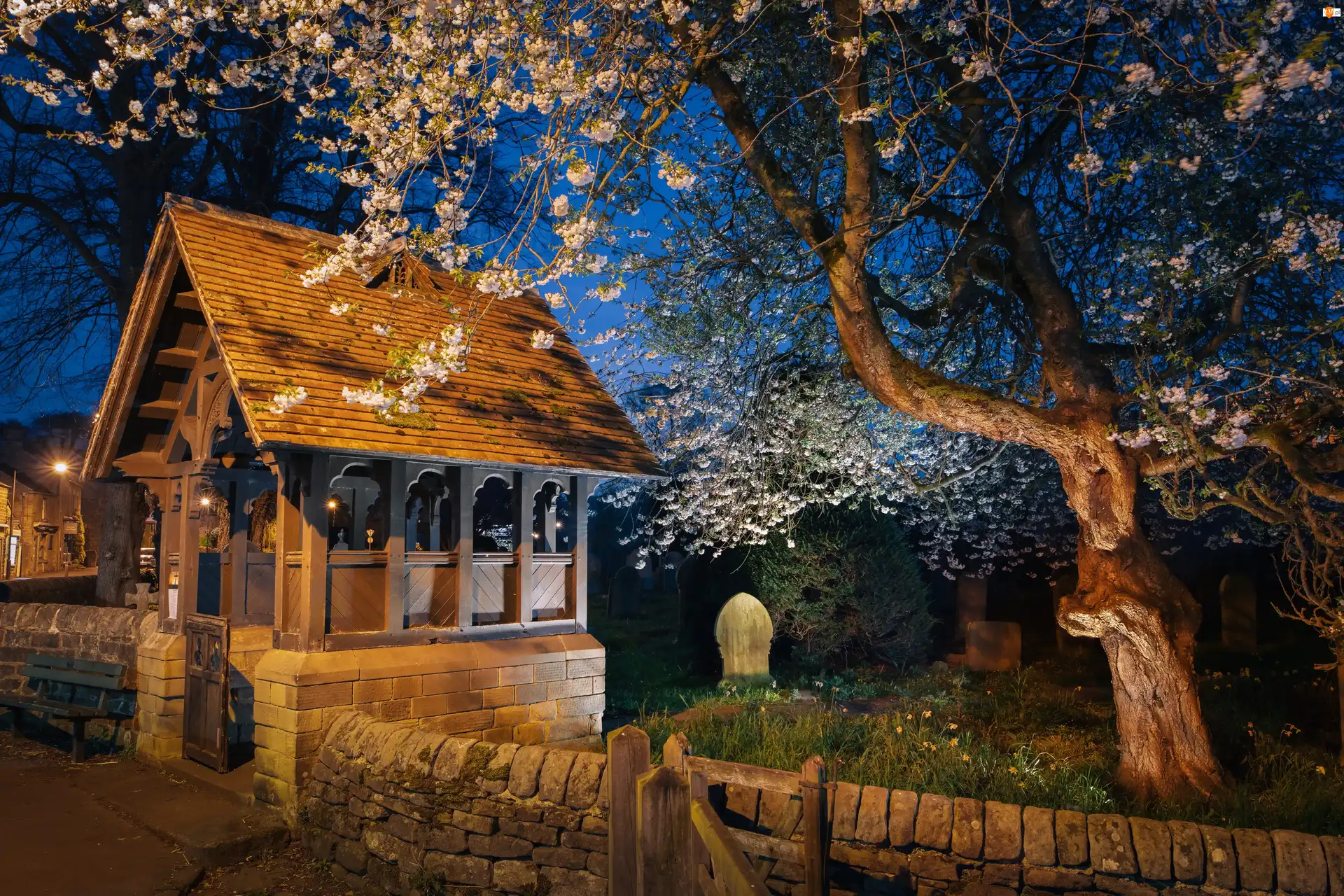 Kościół św. Anny, Wejście, Lychgate, Anglia, Baslow, Noc, Drzewo, Cmentarz, Ogrodzenie, Kwitnące, Drzewo, Hrabstwo Derbyshire