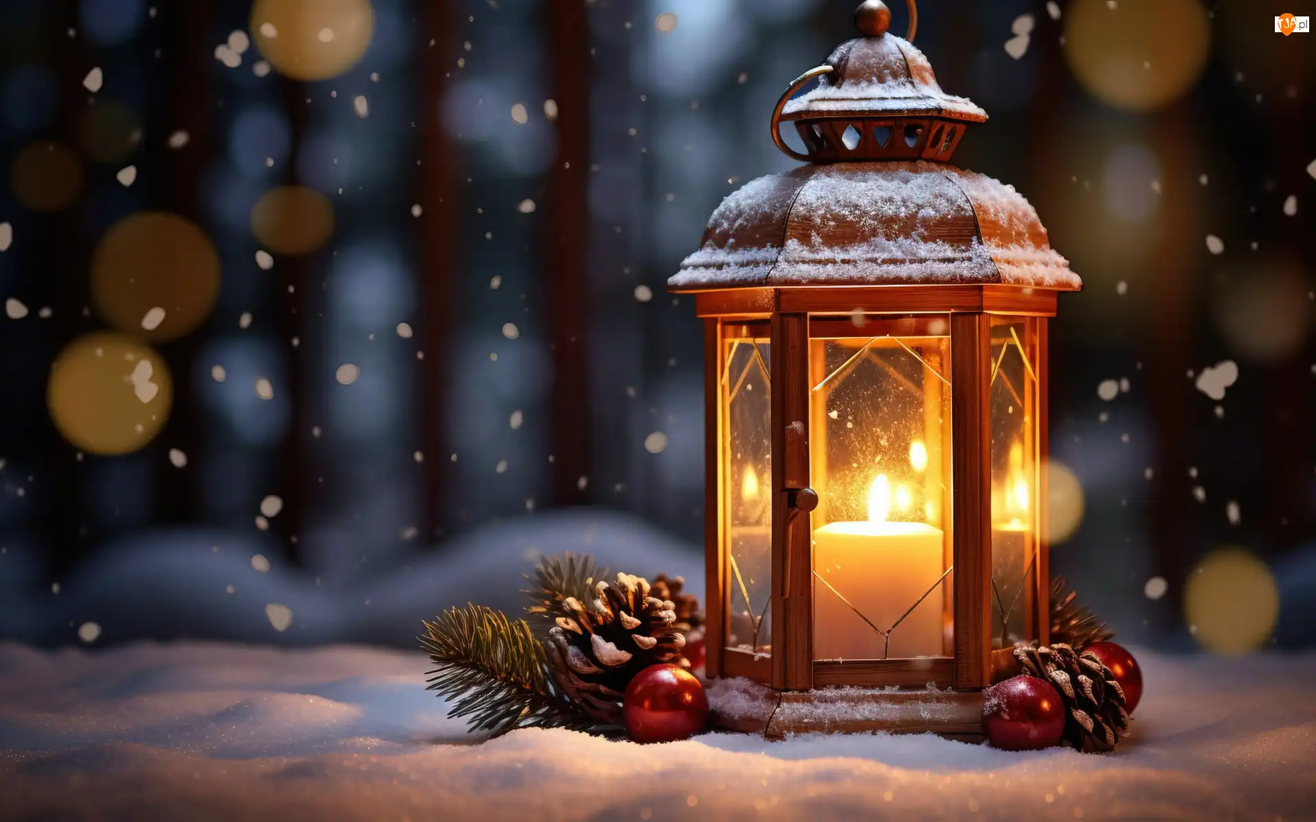Bombki, Śnieg, Gałązki, Noc, Lampion, Szyszki, Boże Narodzenie, Świeca