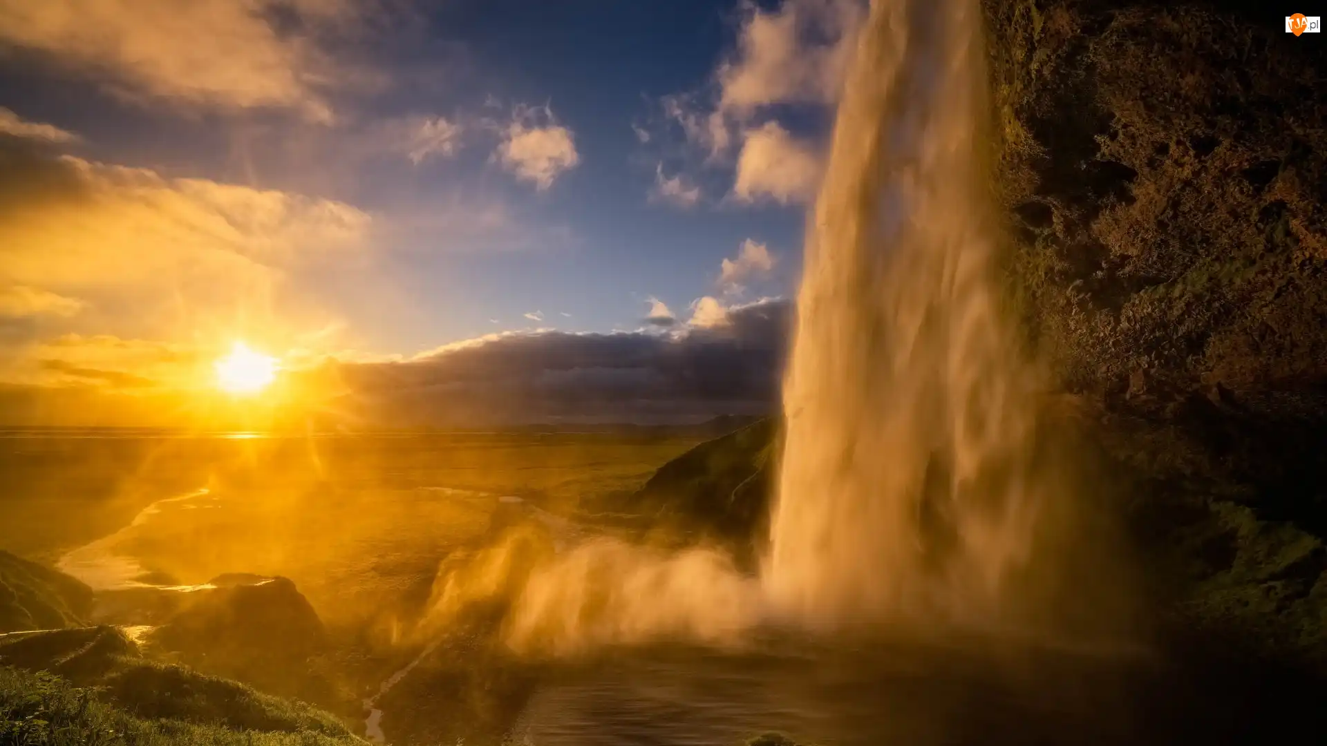 Promienie słońca, Islandia, Wodospad Seljalandsfoss