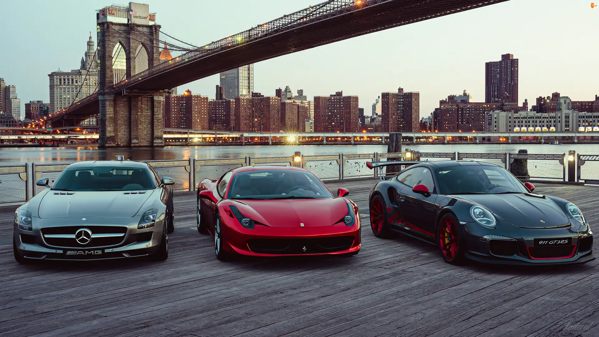 Most Brookliński, Trzy, Porsche 911 GT3 RS, Nowy Jork, Ferrari, Mercedes-AMG SLS, Samochody