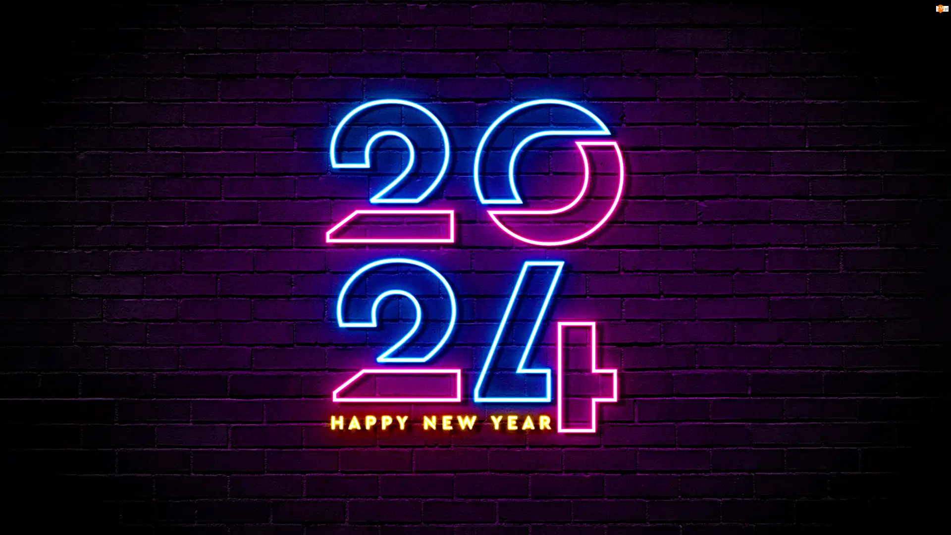 2024, Nowy Rok, Mur, Życzenia, Neonowy, Cegły