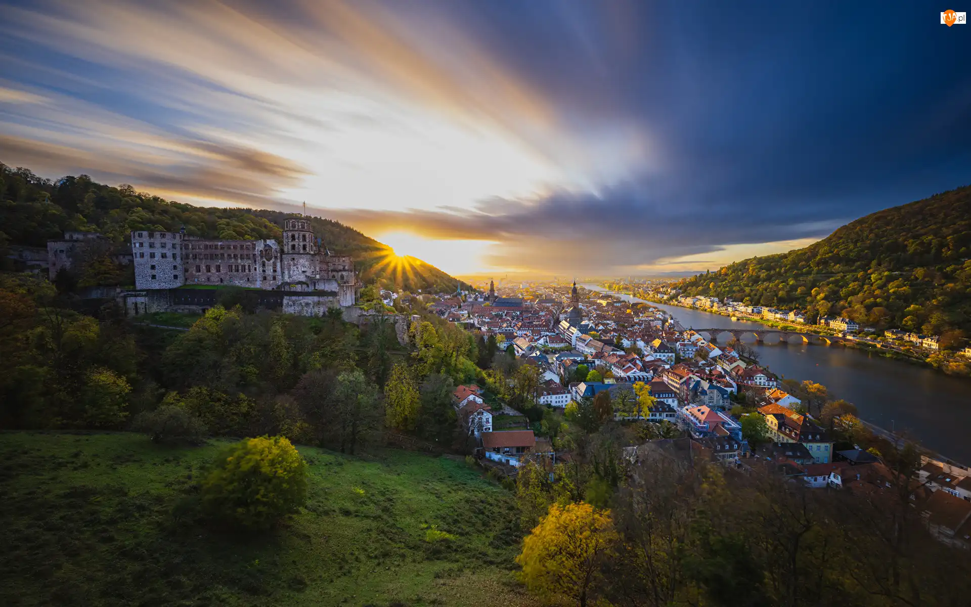 Rzeka Neckar, Niemcy, Zamek, Most, Miasto, Domy, Zachód słońca, Heidelberg