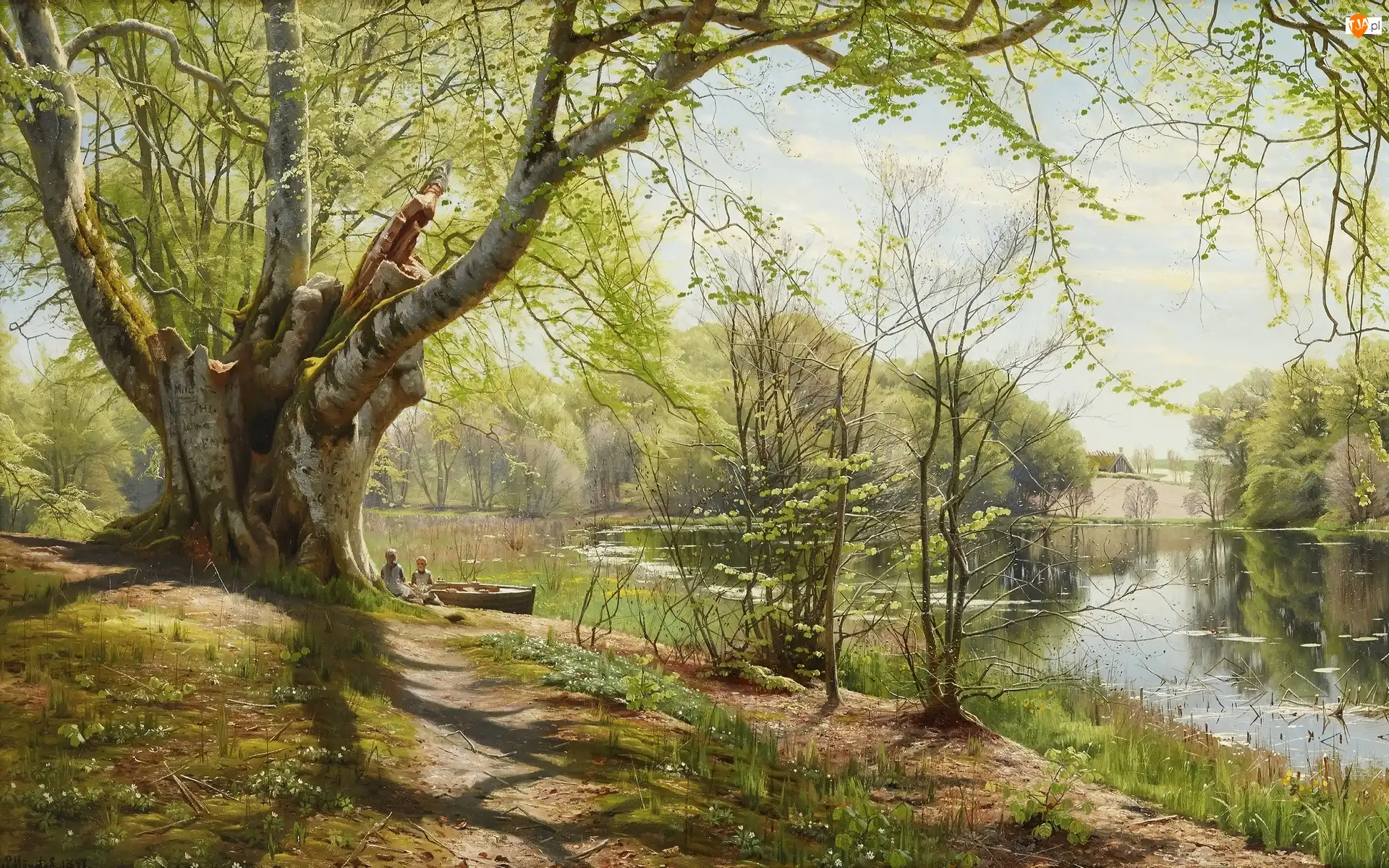 Peder Monsted, Obraz, Drzewo, Ścieżka, Rzeka, Łódka