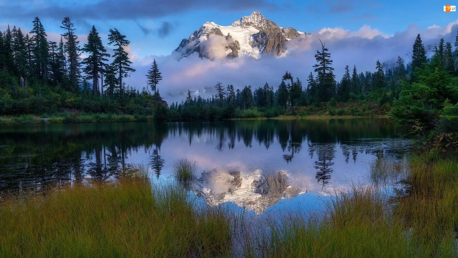 Stany Zjednoczone, Mount Baker, Stan Waszyngton, Mgła, Odbicie, Drzewa, Jezioro, Góry, Picture Lake