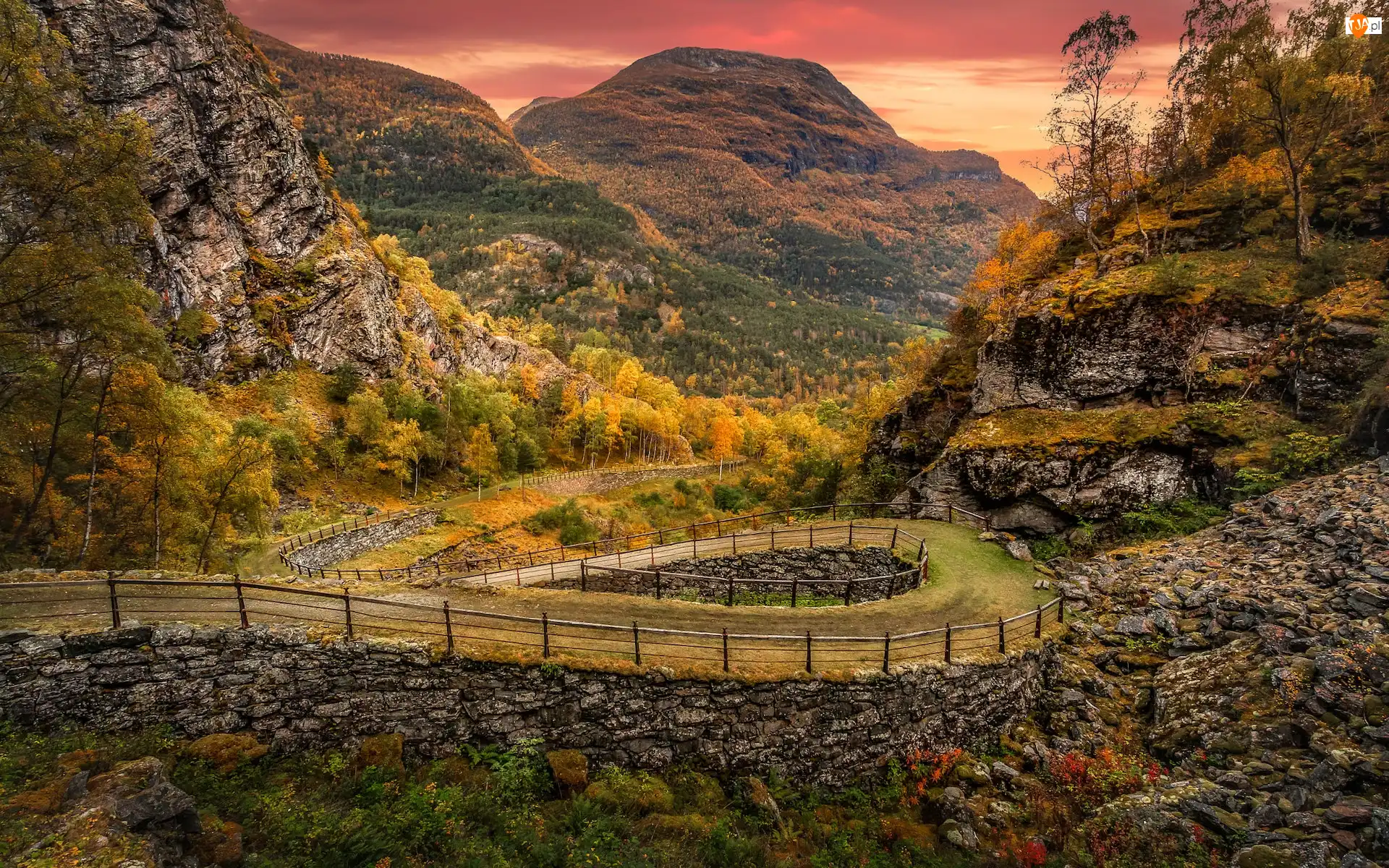 Drzewa, Region Sogn og Fjordane, Vindhellavegen, Kręta, Droga, Laerdal, Góry, Norwegia, Skały