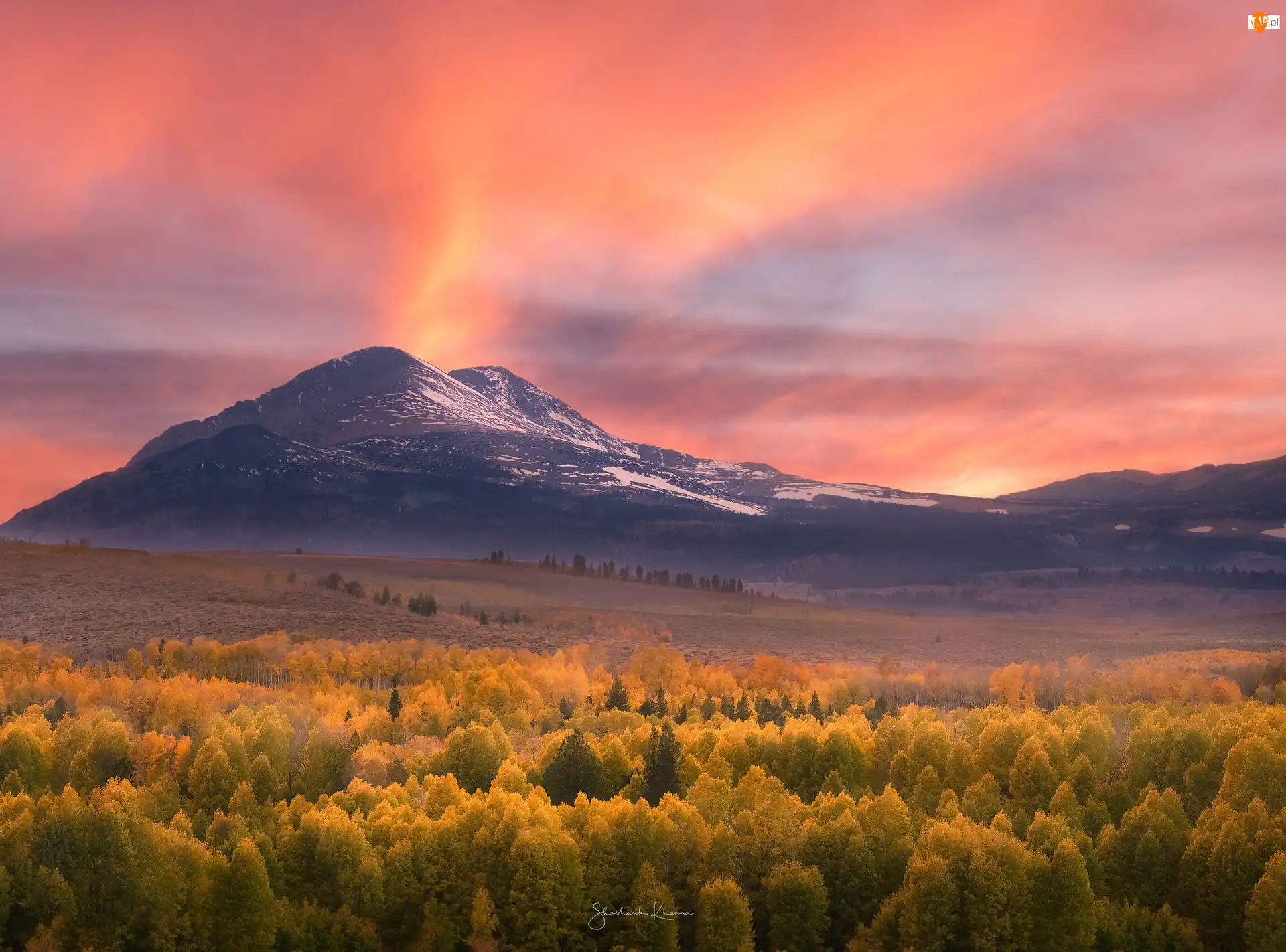 Mgła, Drzewa, Jesień, Las, Hrabstwo Mono, Przełęcz Conway Summit, Stany Zjednoczone, Stan Kalifornia, Góry Sierra Nevada, Zachód słońca