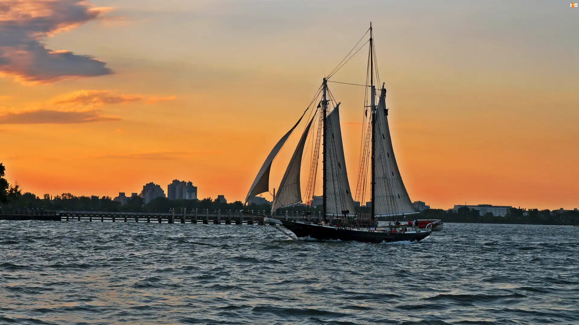 Zachód słońca, Jezioro, Statek