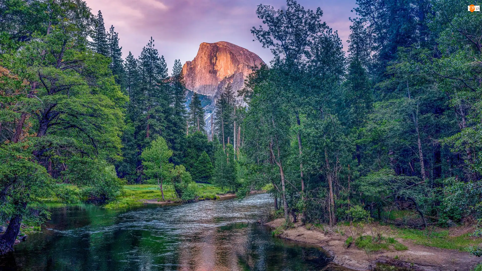 Drzewa, Góry, Sierra Nevada, Merced River, Kalifornia, Stany Zjednoczone, Skały, Park Narodowy Yosemite, Rzeka, Half Dome