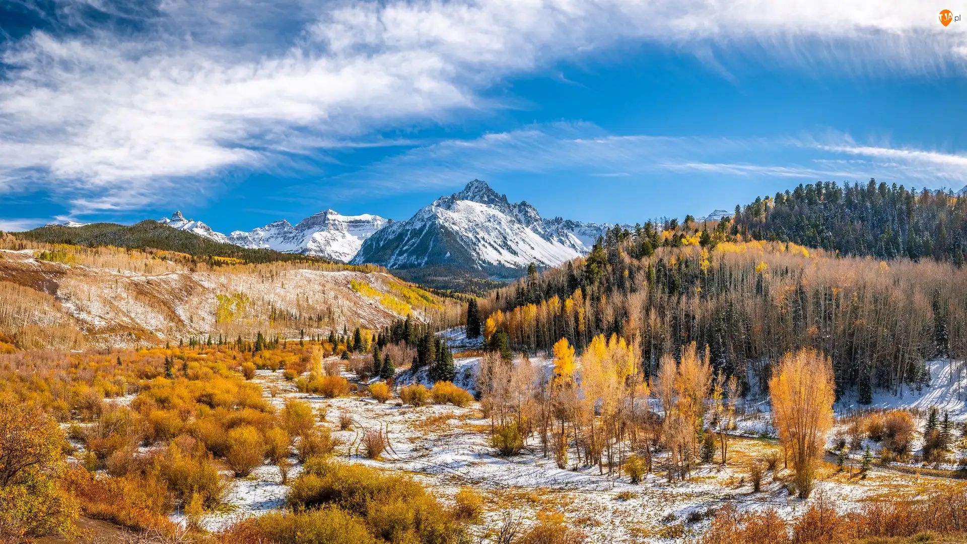 Stany Zjednoczone, Śnieg, Przełęcz Dallas Divide, Drzewa, San Juan Mountains, Góry, Mount Sneffels, Góra, Lasy, Kolorado