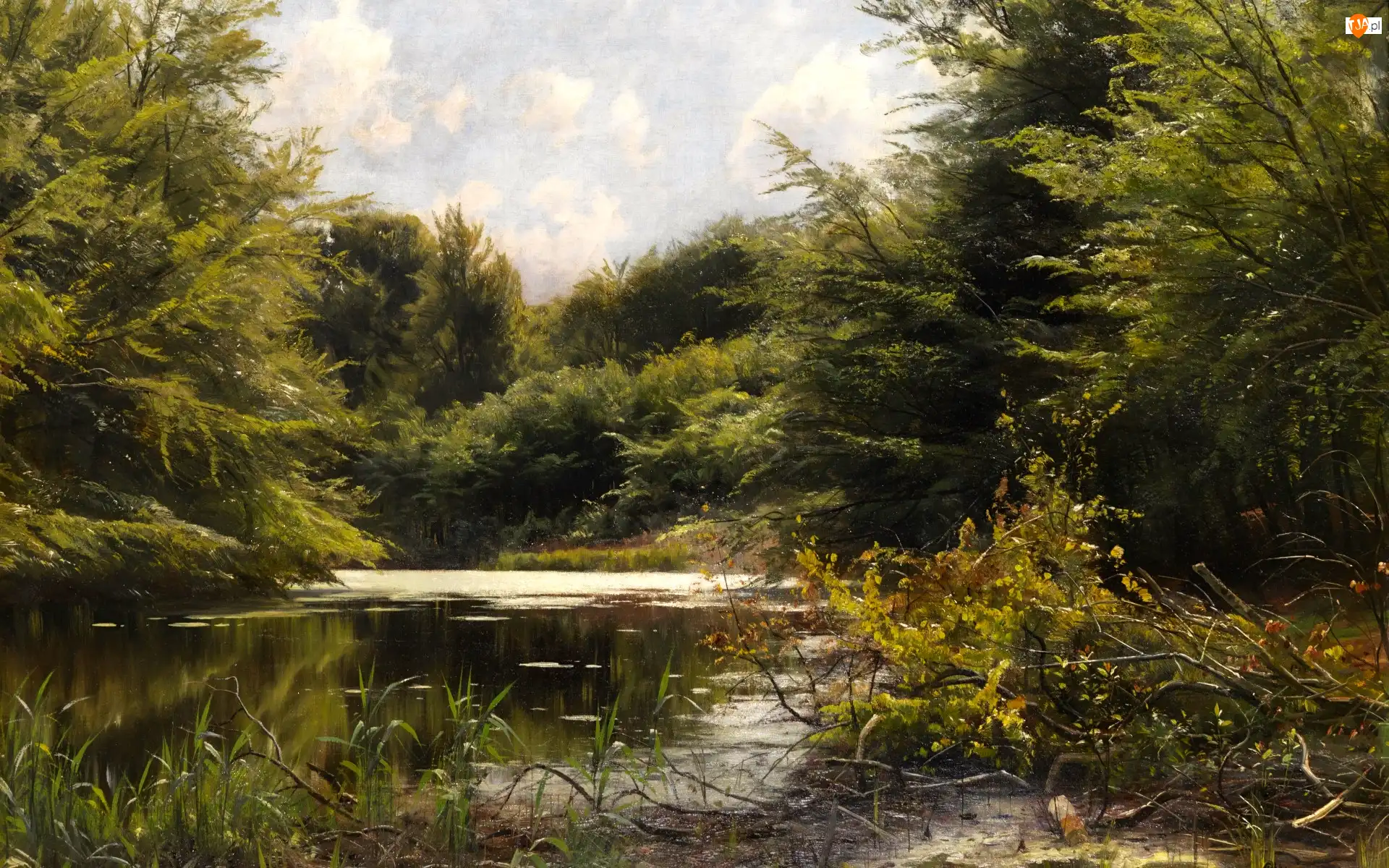 Malarstwo, Obraz, Zarośla, Peder Mork Monsted, Rzeka, Drzewa, Las