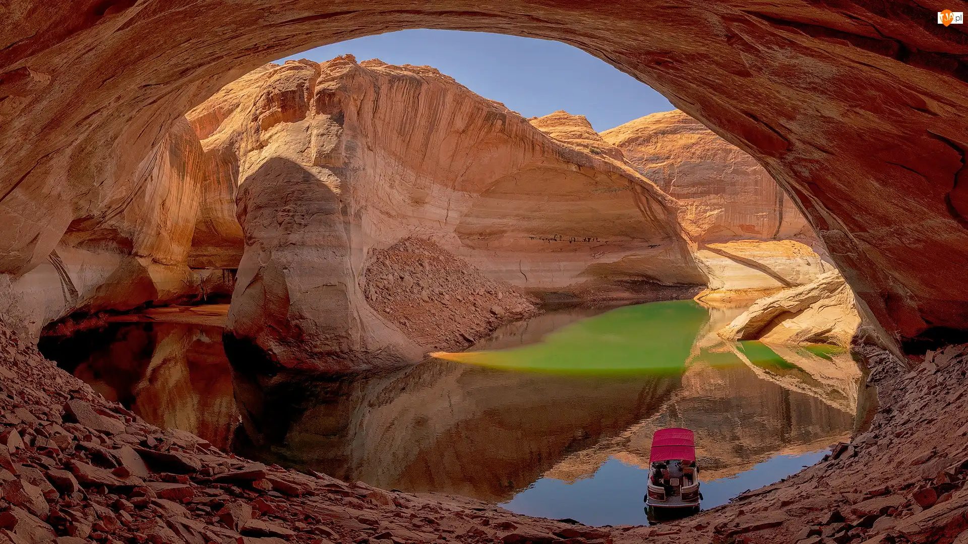 Stany Zjednoczone, Cathedral in the Desert, Arizona, Glen Canyon, Łódka, Jezioro, Powell Lake, Skały, Kanion