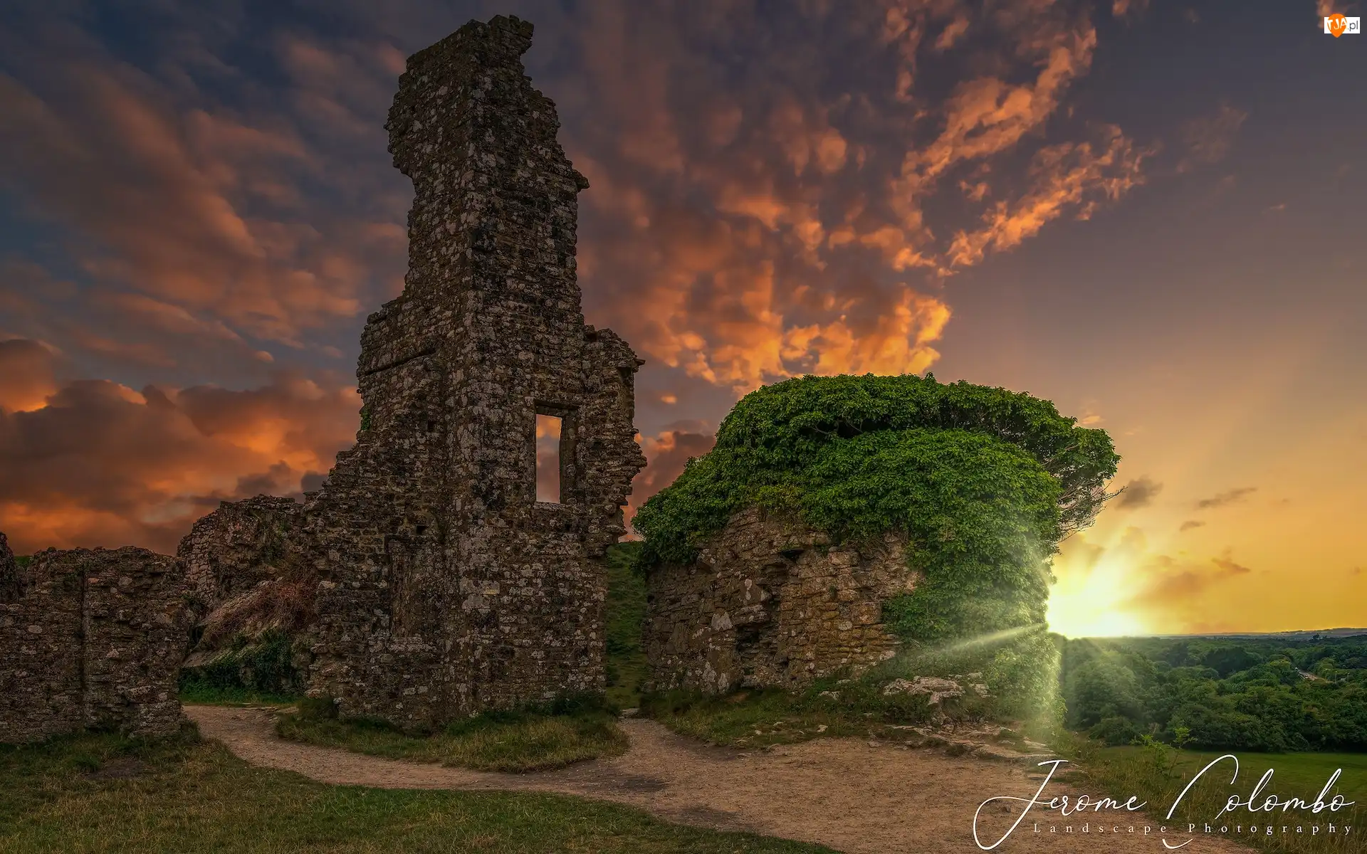 Chmury, Winorośl, Anglia, Zachód słońca, Hrabstwo Dorset, Zamek w Corfe Castle, Ruiny