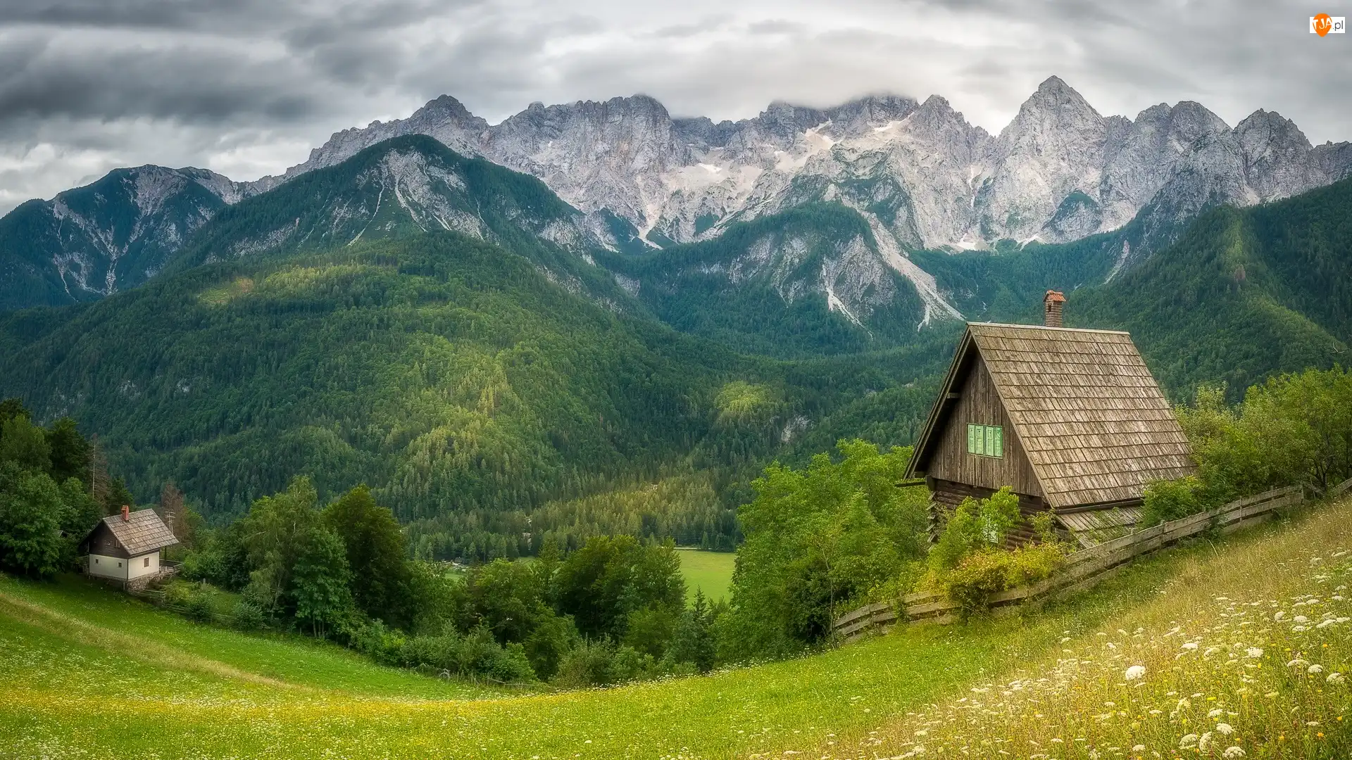 Alpy Julijskie, Las, Słowenia, Góry, Kranjska Gora, Chmury, Domy