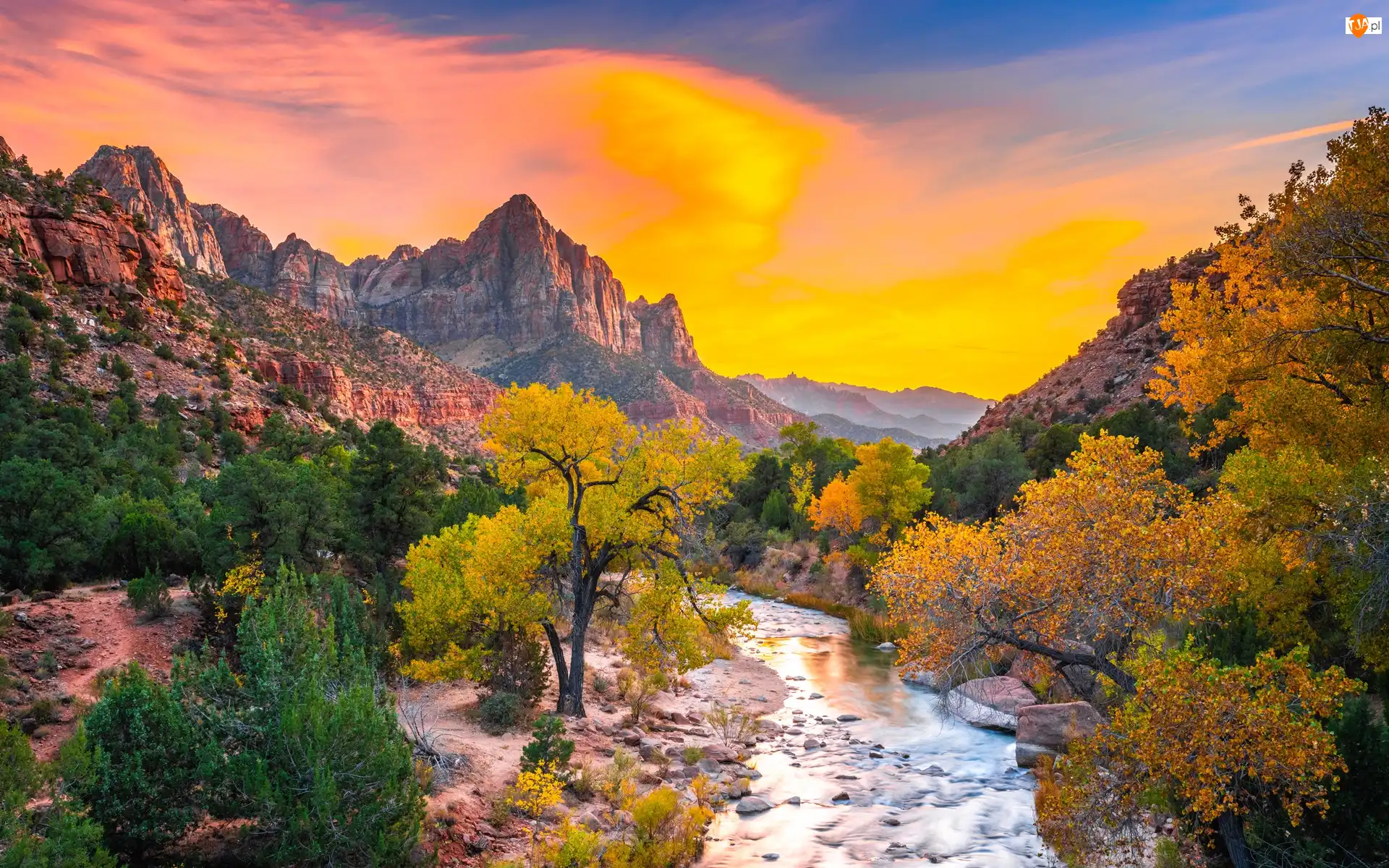 Stany Zjednoczone, Góry Watchman, Stan Utah, Jesień, Zachód słońca, Rzeka Virgin River, Kamienie, Park Narodowy Zion, Drzewa