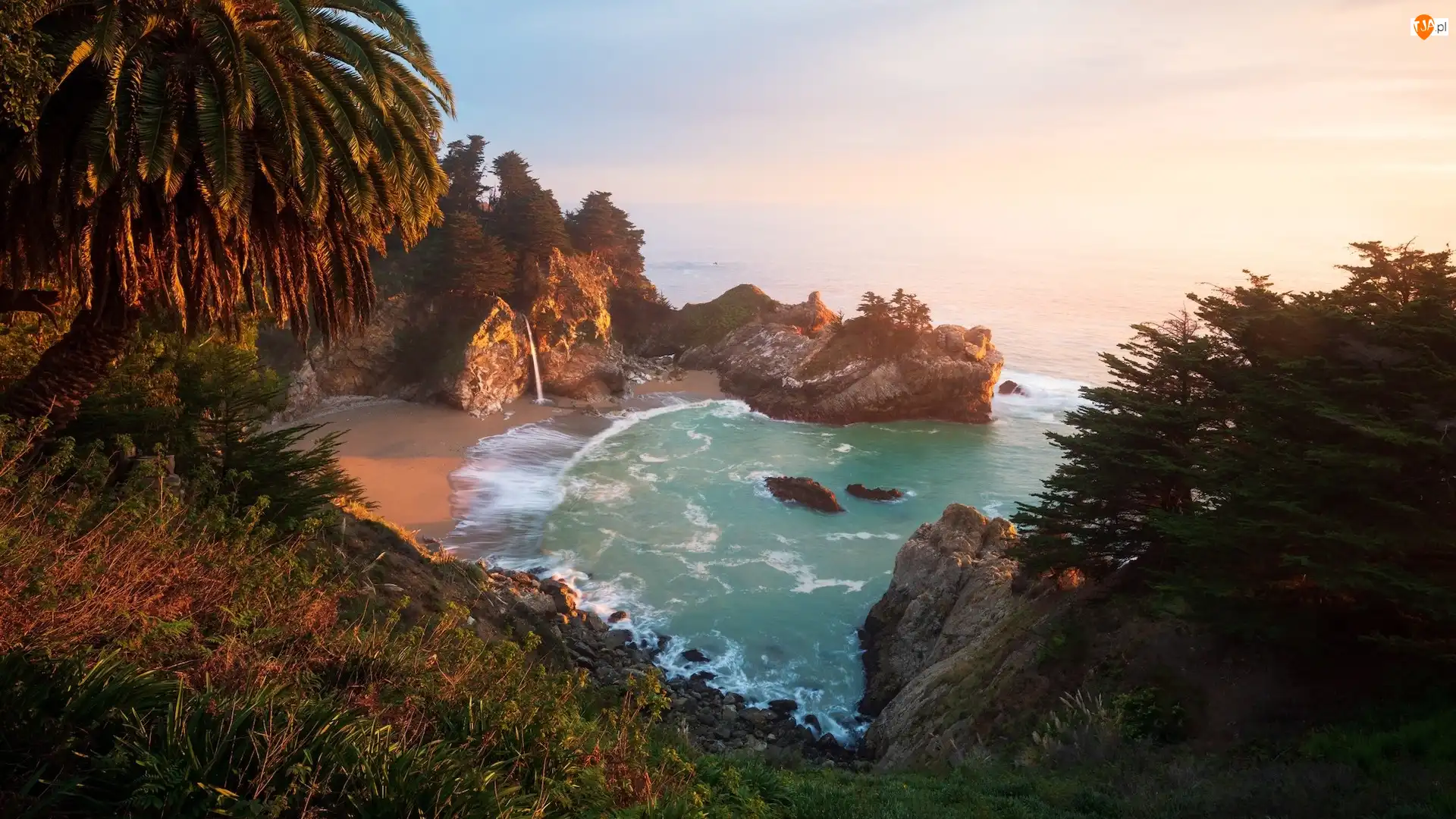 Big Sur, Stany Zjednoczone, Park Stanowy Julia Pfeiffer Burns, Skały, Kalifornia, Wybrzeże, Drzewa, Morze