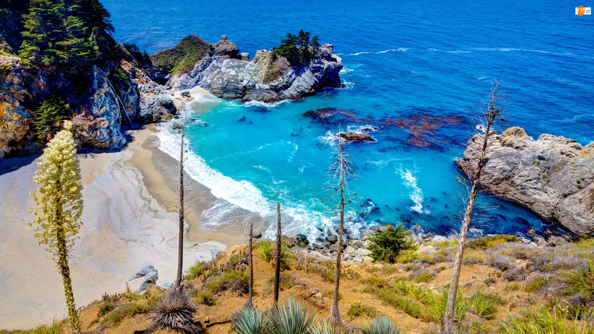 Stan Kalifornia, Park stanowy Julii Pfeiffer Burns, Zatoka, Stany Zjednoczone, Skały, Morze, Wodospad McWay Falls