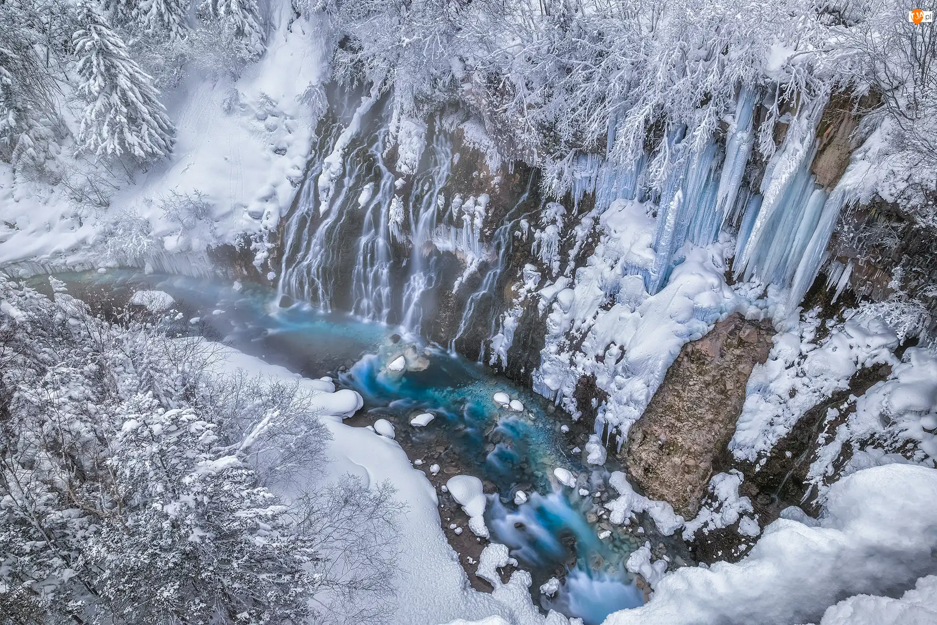Kamienie, Ośnieżone, Drzewa, Rośliny, Wodospad, Hokkaido, Skały, Zima, Sople, Shirahige Waterfall, Japonia
