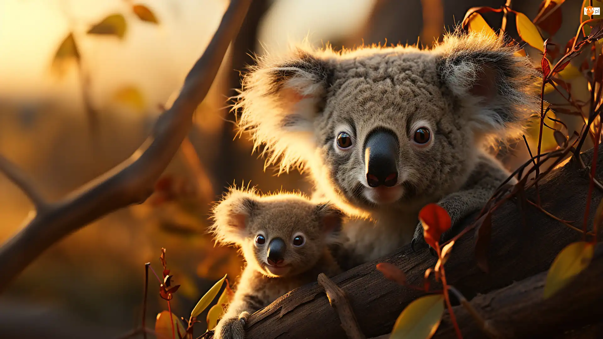 Mama, Koala, Konar, Gałązki, Dziecko, Drzewa