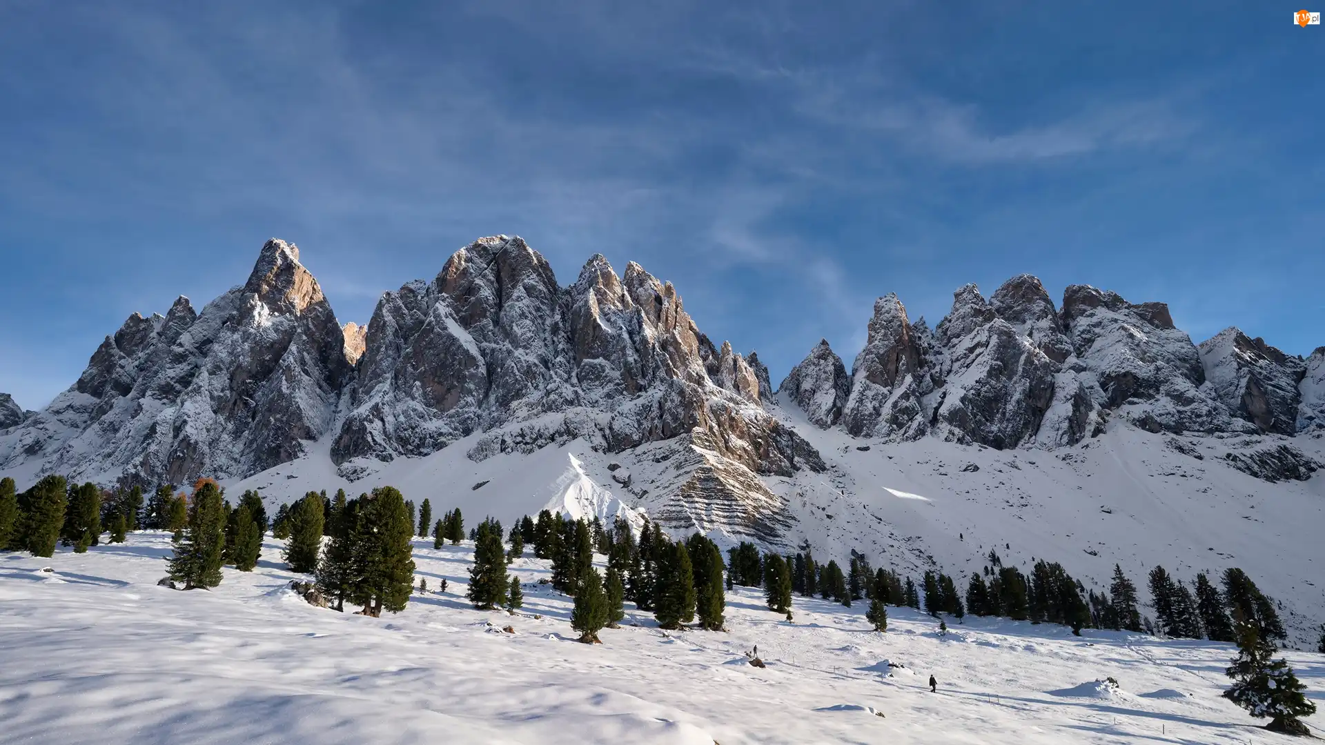 Dolomity, Zima, Góry, Włochy, Drzewa