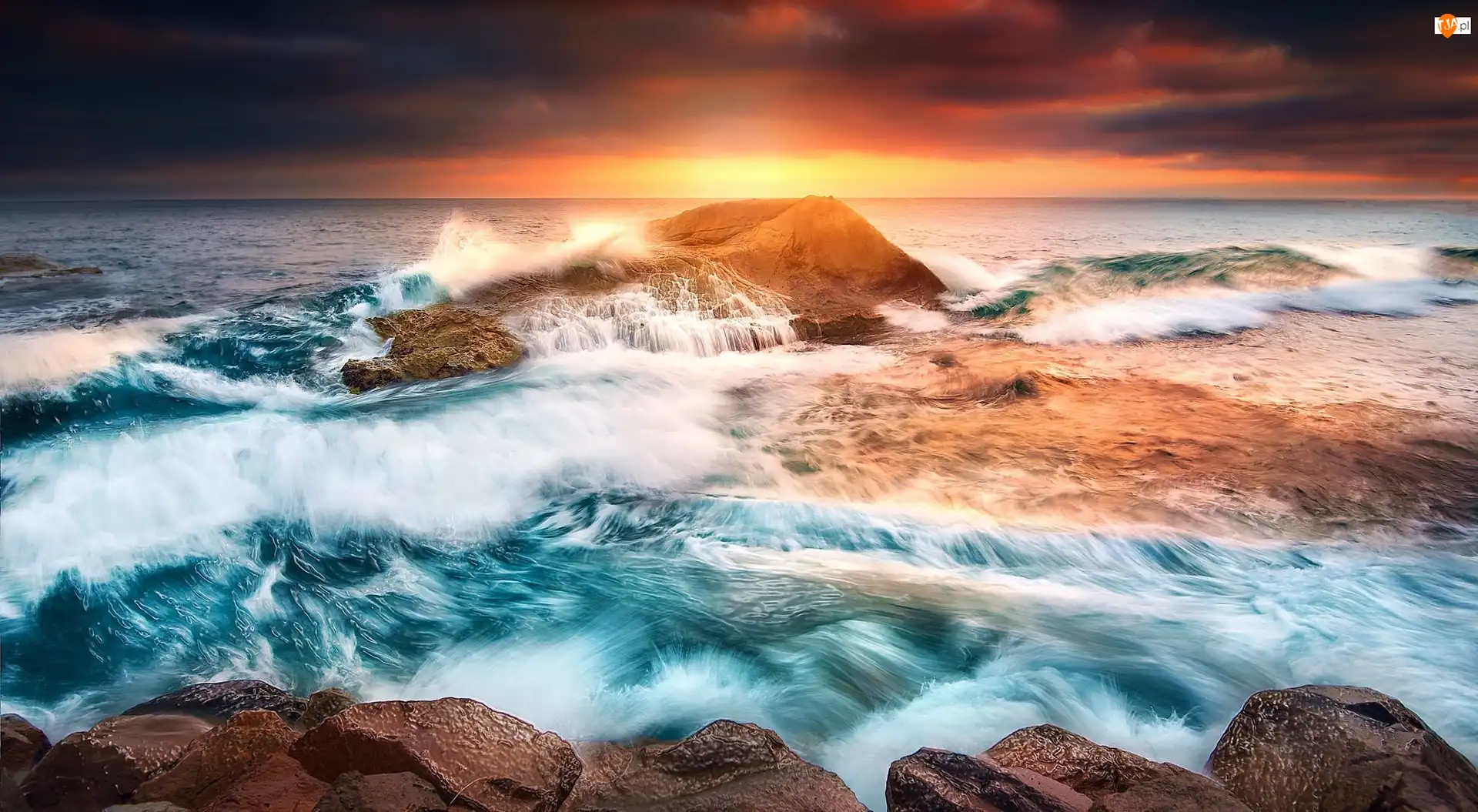 Stan Kalifornia, Laguna Beach, Zachód słońca, Stany Zjednoczone, Fale, Skały, Morze