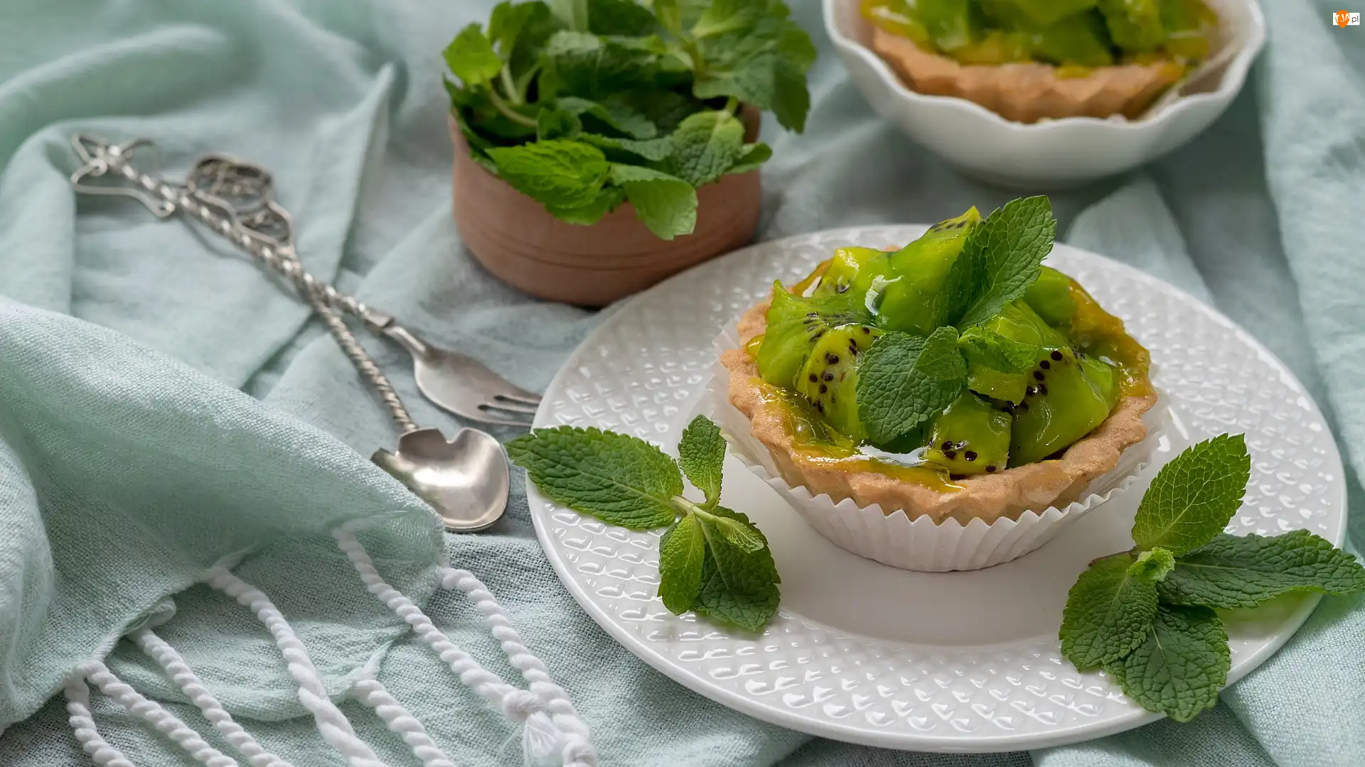 Kiwi, Babeczki, Widelec, Materiał, Mięta, Łyżeczka