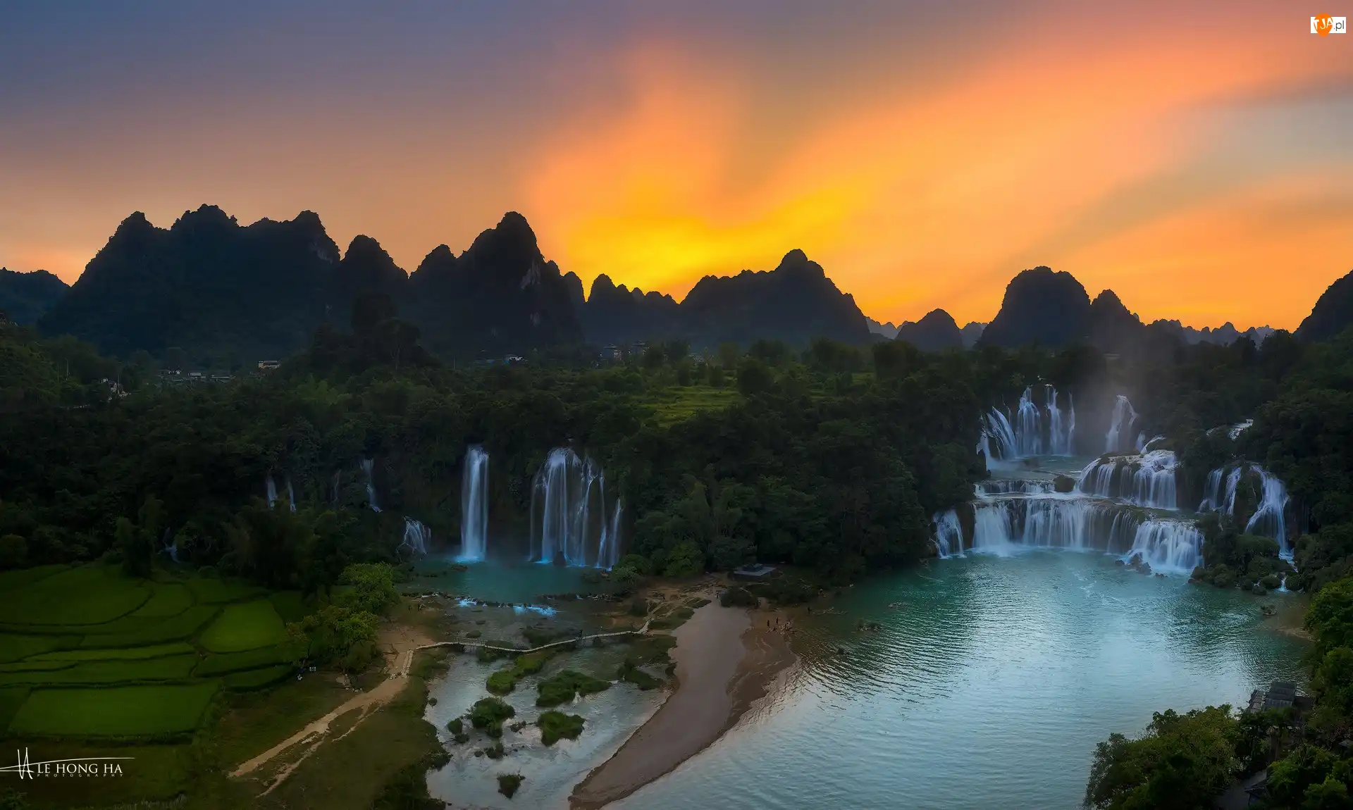 Góry, Wodospad, Rzeka, Zachód słońca, Ban Gioc Waterfall, Cao Bang, Wietnam, Jezioro