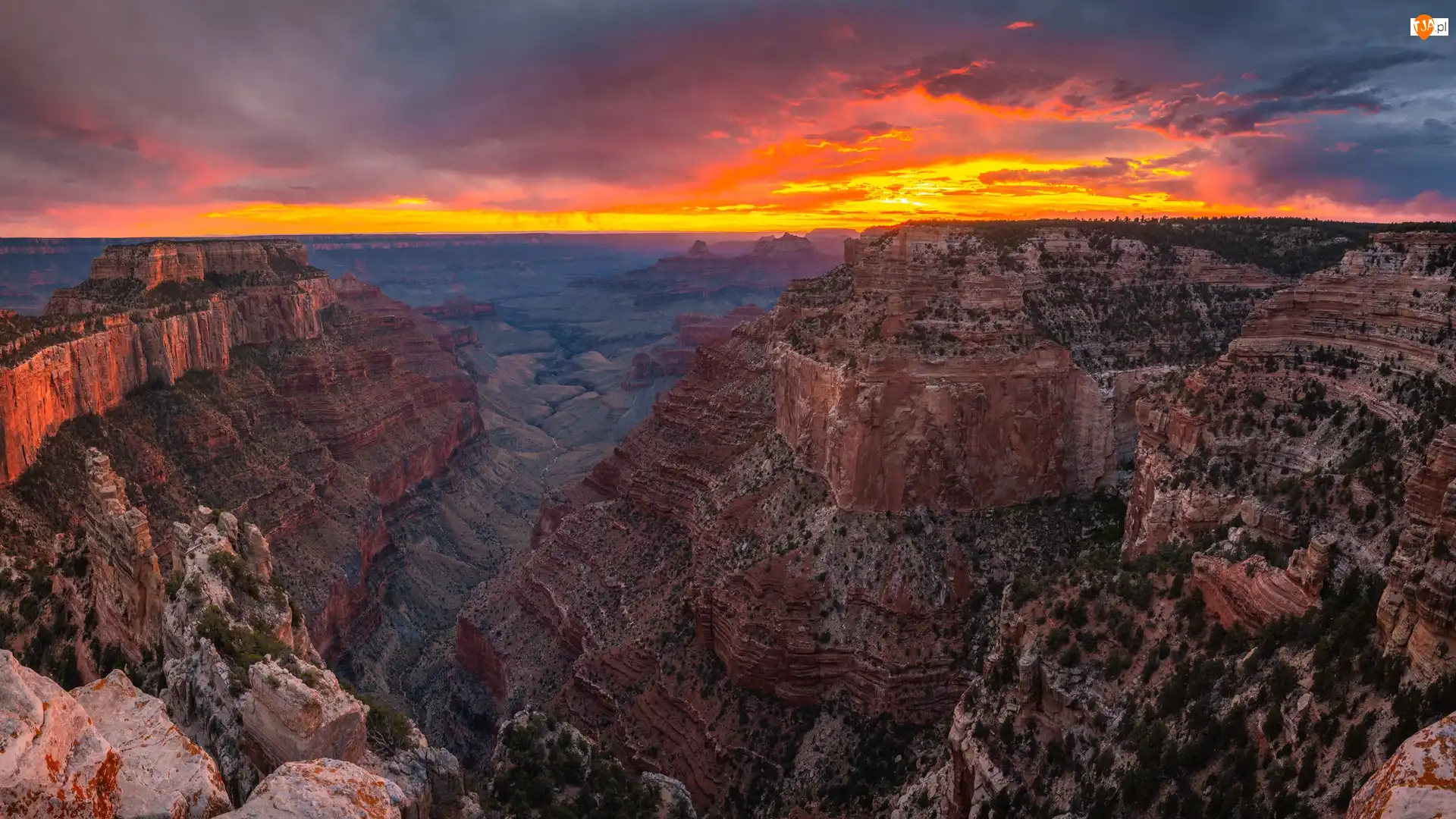 Góry, Wielki Kanion Kolorado, Stany Zjednoczone, Park Narodowy Wielkiego Kanionu, Arizona, Zachód słońca, Grand Canyon