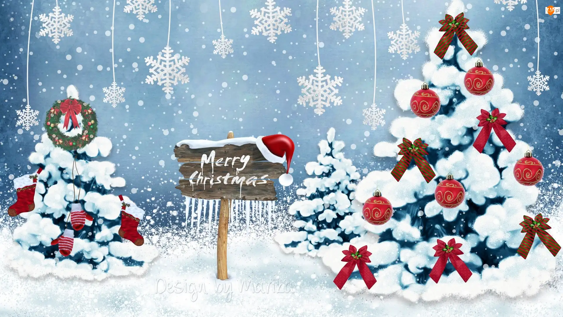 Udekorowane, Ośnieżone, Tabliczka, Christmas, Choinki, Merry