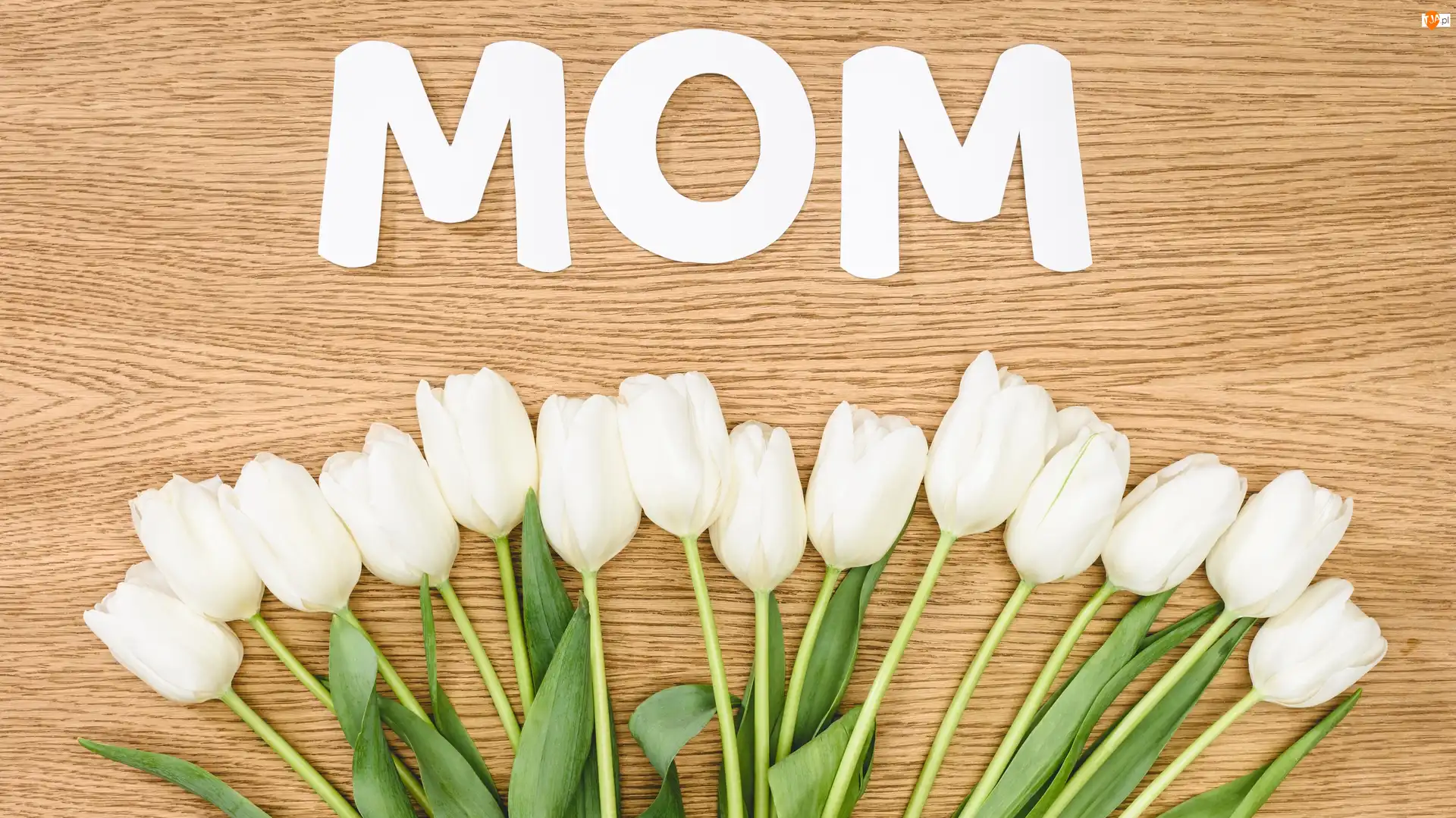 Białe, Tulipany, Blat, Kwiaty, Dzień Matki, Mom, Napis