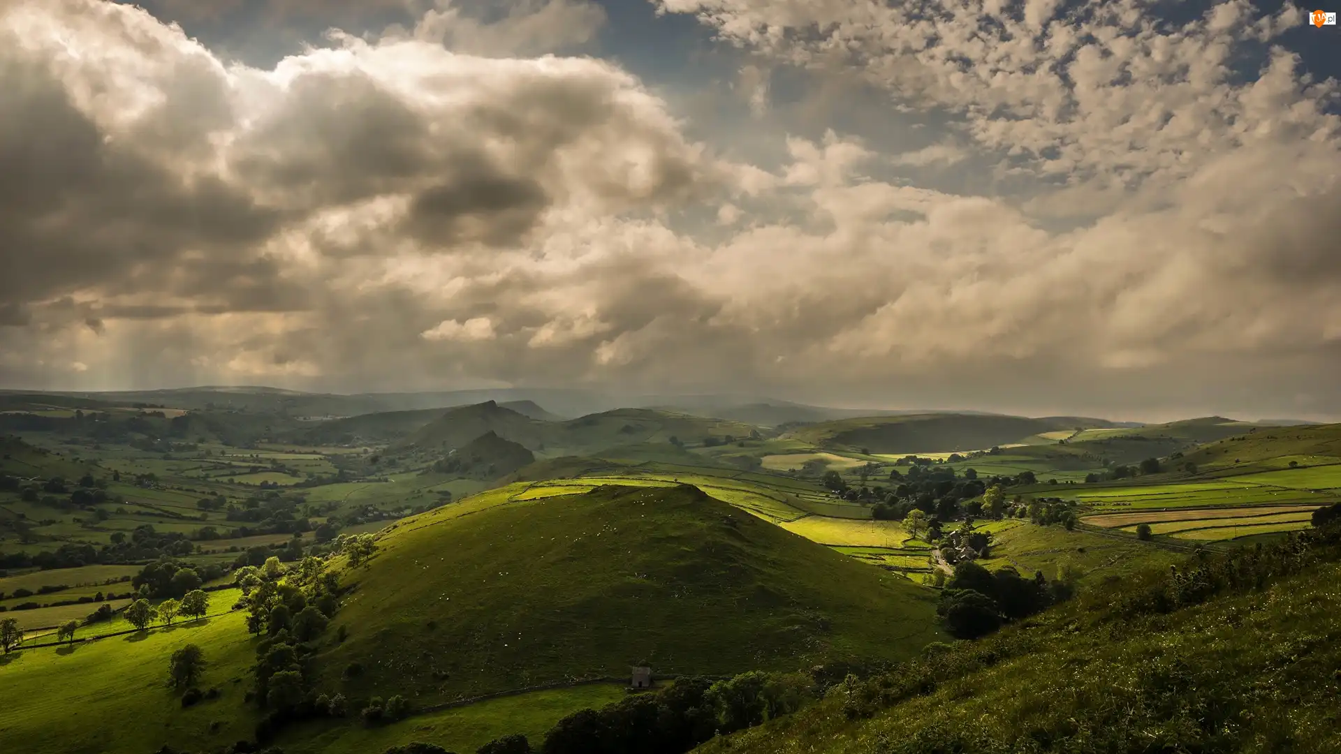 Pola, Wieś Earl Sterndale, Drzewa, Wzgórza, Chmury, Anglia, Hrabstwo Derbyshire