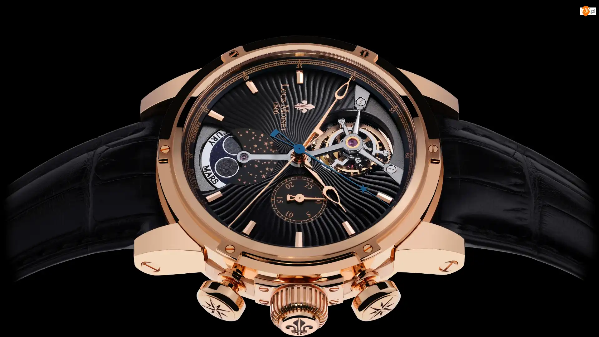 Męski, Louis Moinet, Tło, Zegarek, Czarne, Pasek, Skórzany