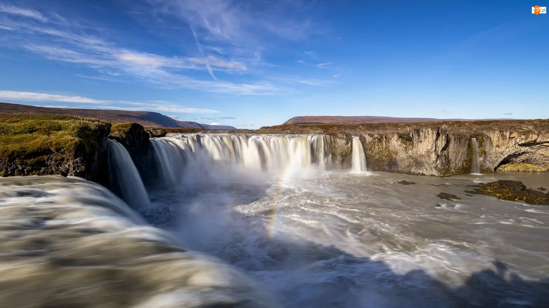 Rzeka, Islandia, Wodospad Godafoss, Skały, Tęcza