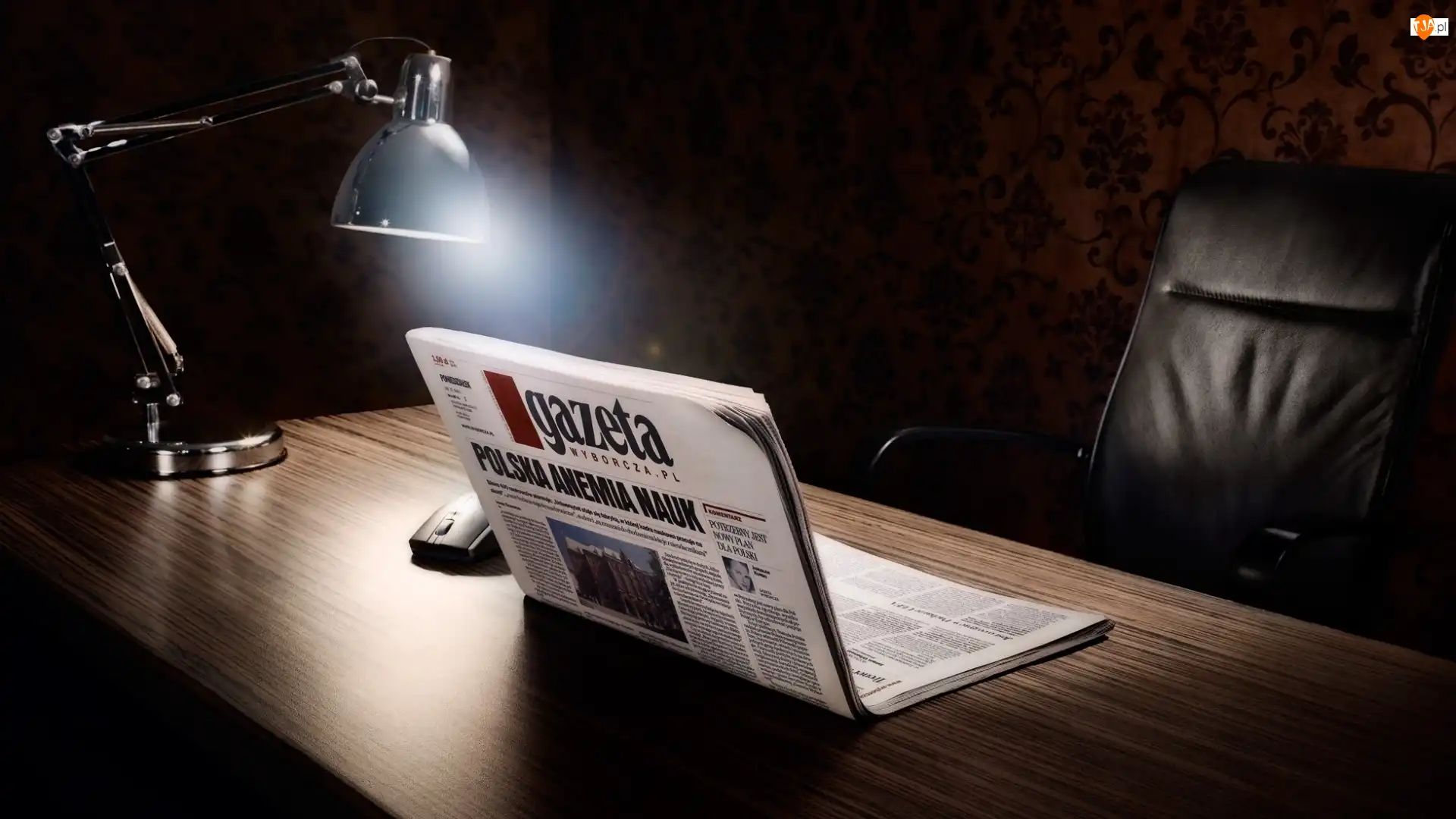 Fotel, Gazeta, Lampa, Stół, Myszka