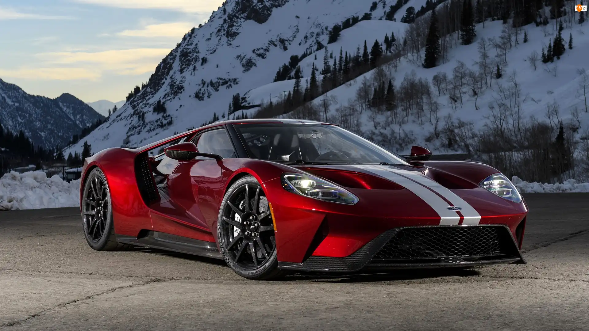 2017, Góry, Ford GT, Czerwony, Ośnieżone