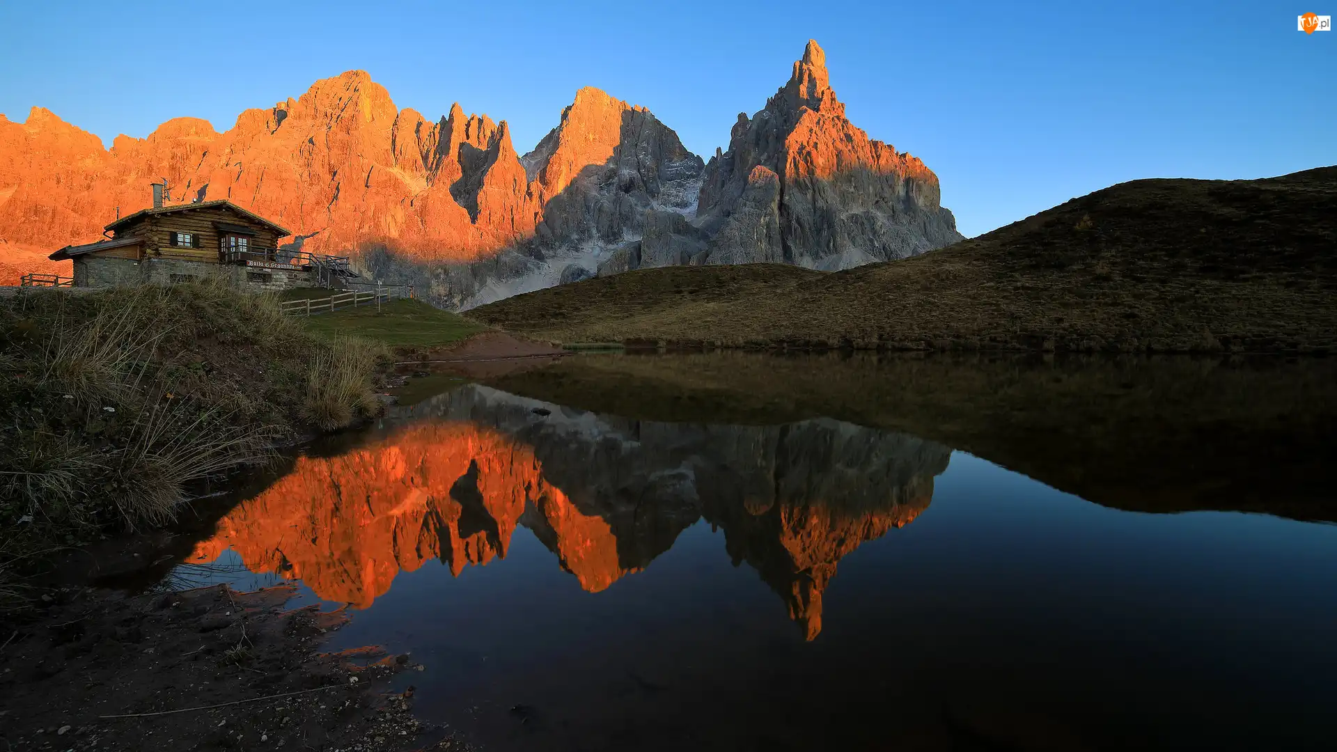 Pale di San Martino, Szczyt Cimon della Pala, Włochy, Jezioro, Rośliny, Odbicie, Dom
