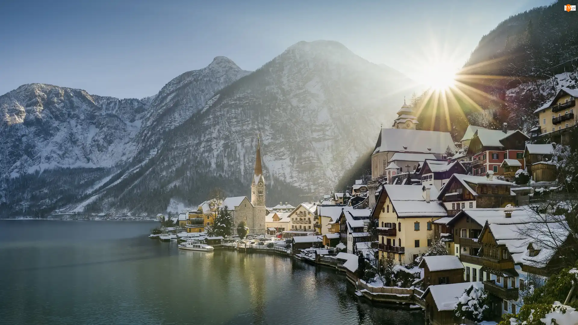 Promienie słońca, Zima, Jezioro, Austria, Góry, Hallstatt