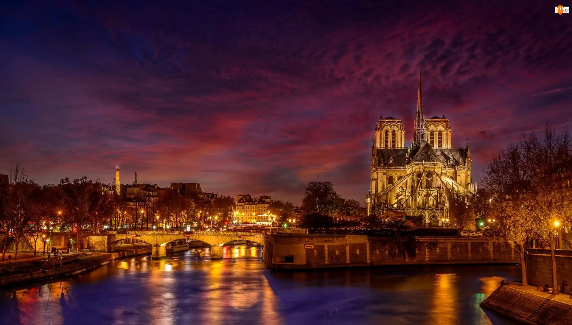 Paryż, Francja, Rzeka Sekwana, Most, Katedra Notre-Dame, Światła