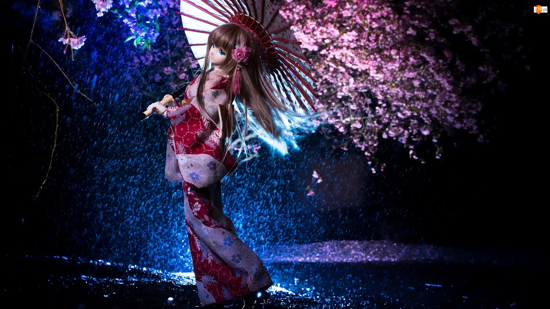 Japonka, Deszcz, Parasolka, Lalka, Kimono