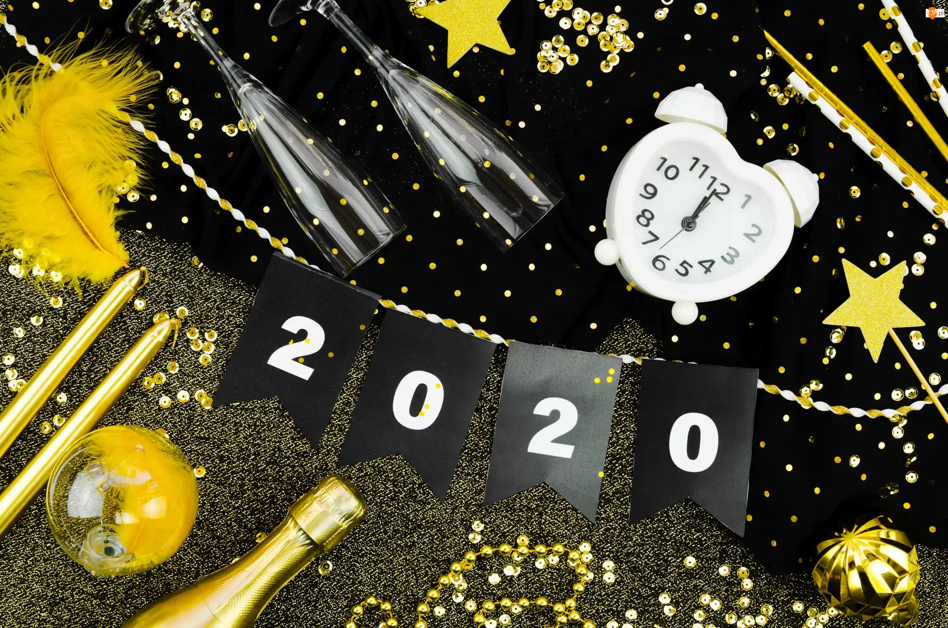 Świece, Łańcuchy, Sylwester, Gwiazdki, Szampan, 2020, Piórka, Kieliszki, Cyfry, Bombki, Budzik