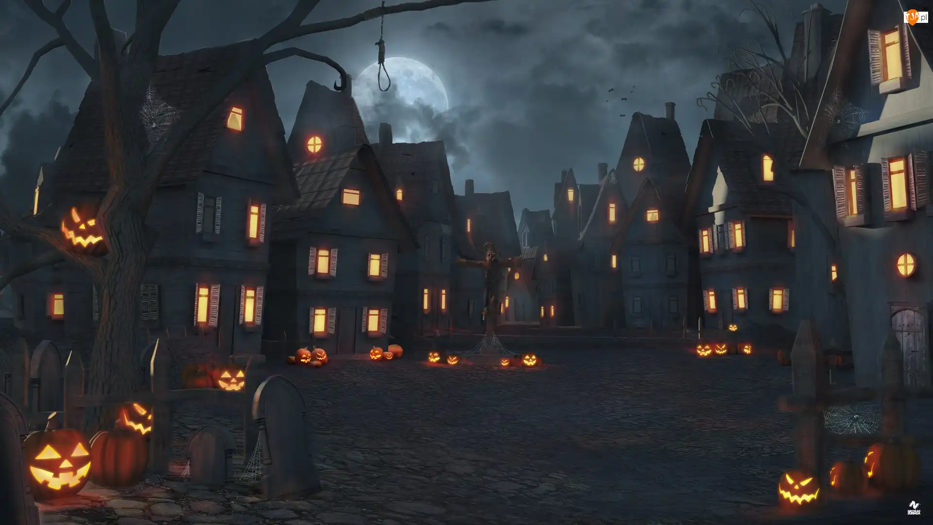 Grafika, Domy, Drzewo, Księżyc, Dynie, Światła, Ulica, Halloween, Noc