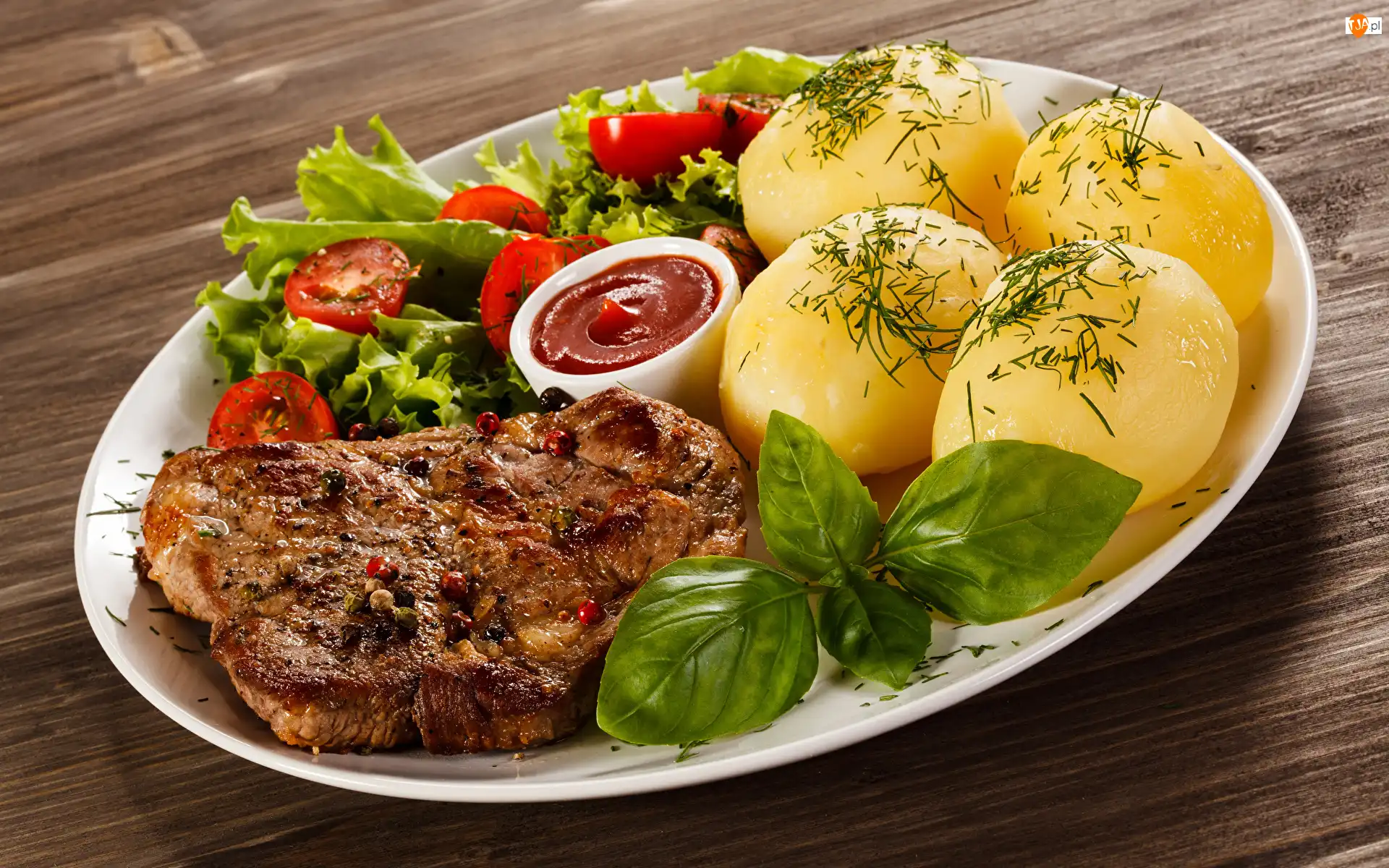 Ziemniaki, Obiad, Sałata, Pomidory, Mięso, Rukola