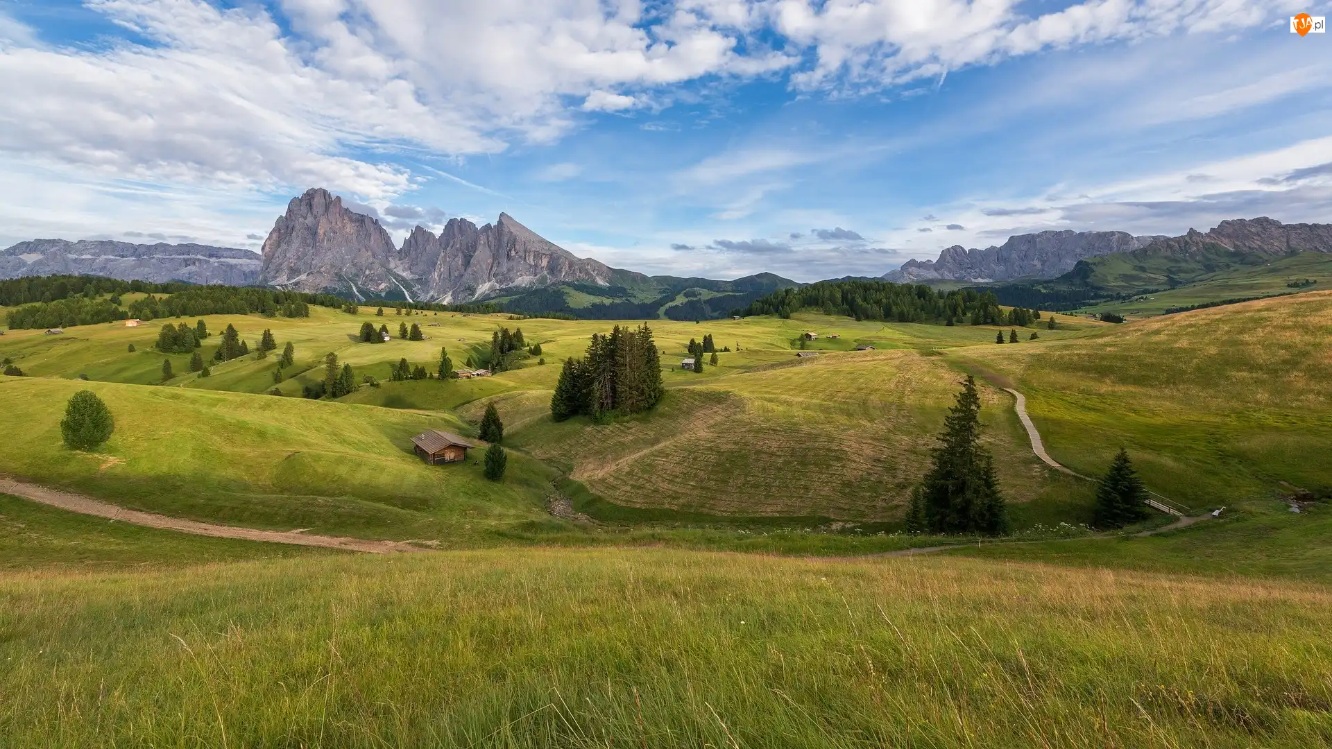Dolomity, Włochy, Dolina Val Gardena, Domy, Góry, Łąki