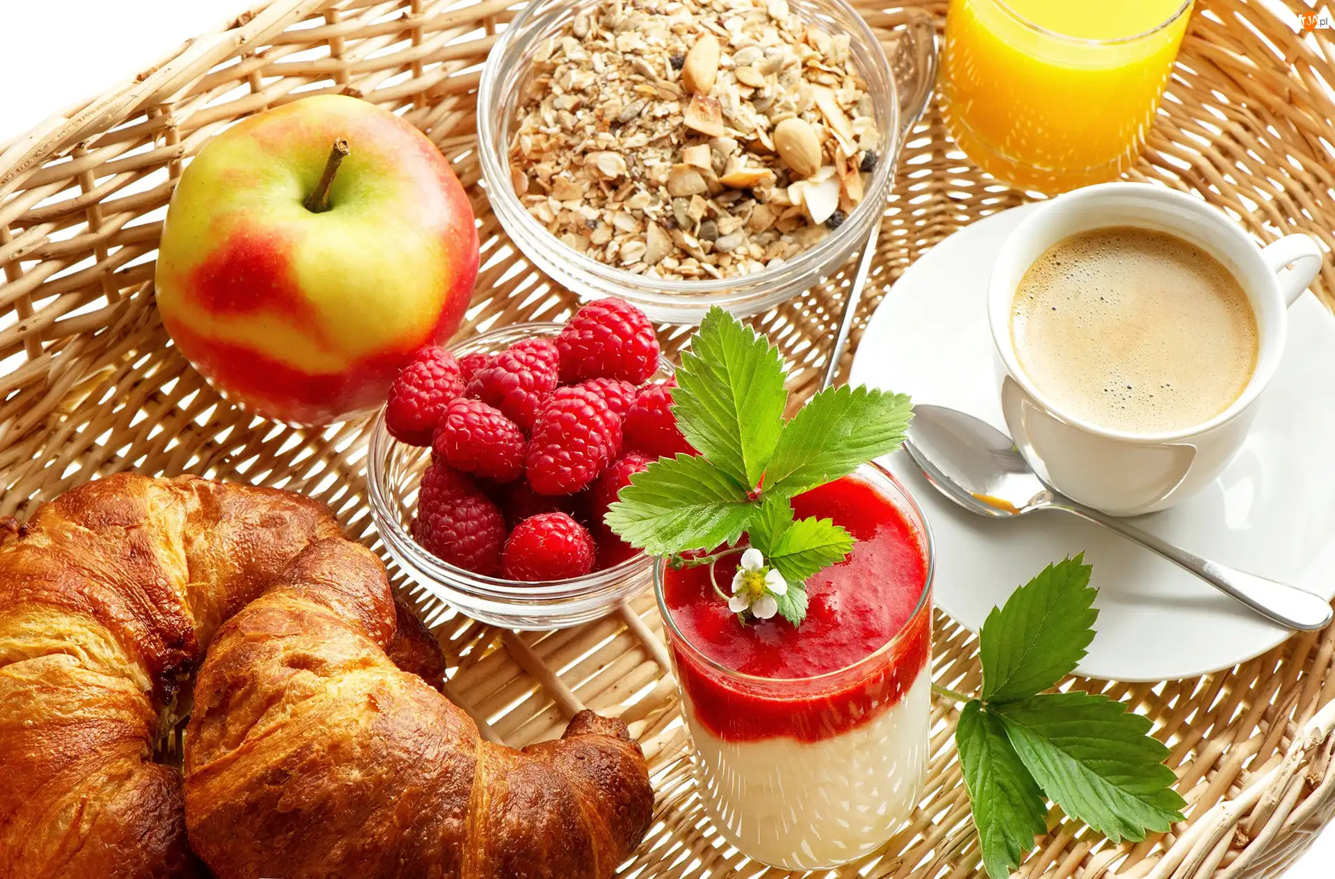 Kawa, Maliny, Musli, Śniadanie, Sok, Jabłko, Rogaliki