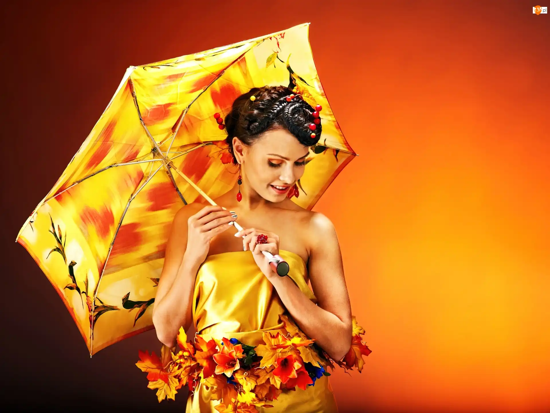 Jesienne, Liście, Parasol, Modelka, Kwiaty